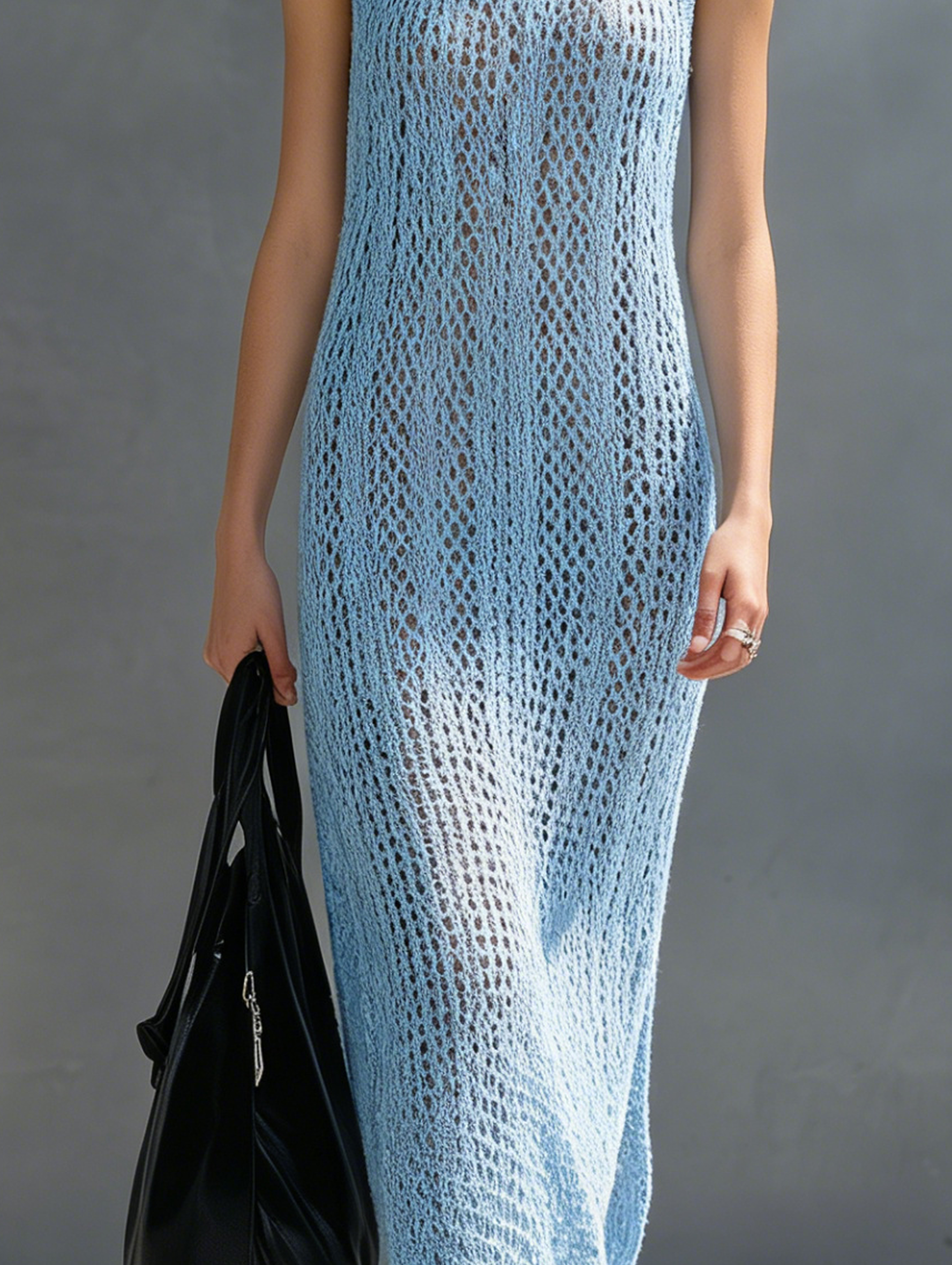 Women's Casual Light Blue Sleeveless Maxi Dress With A Round Neck And Open-knit Design MDZ0858F9LXY