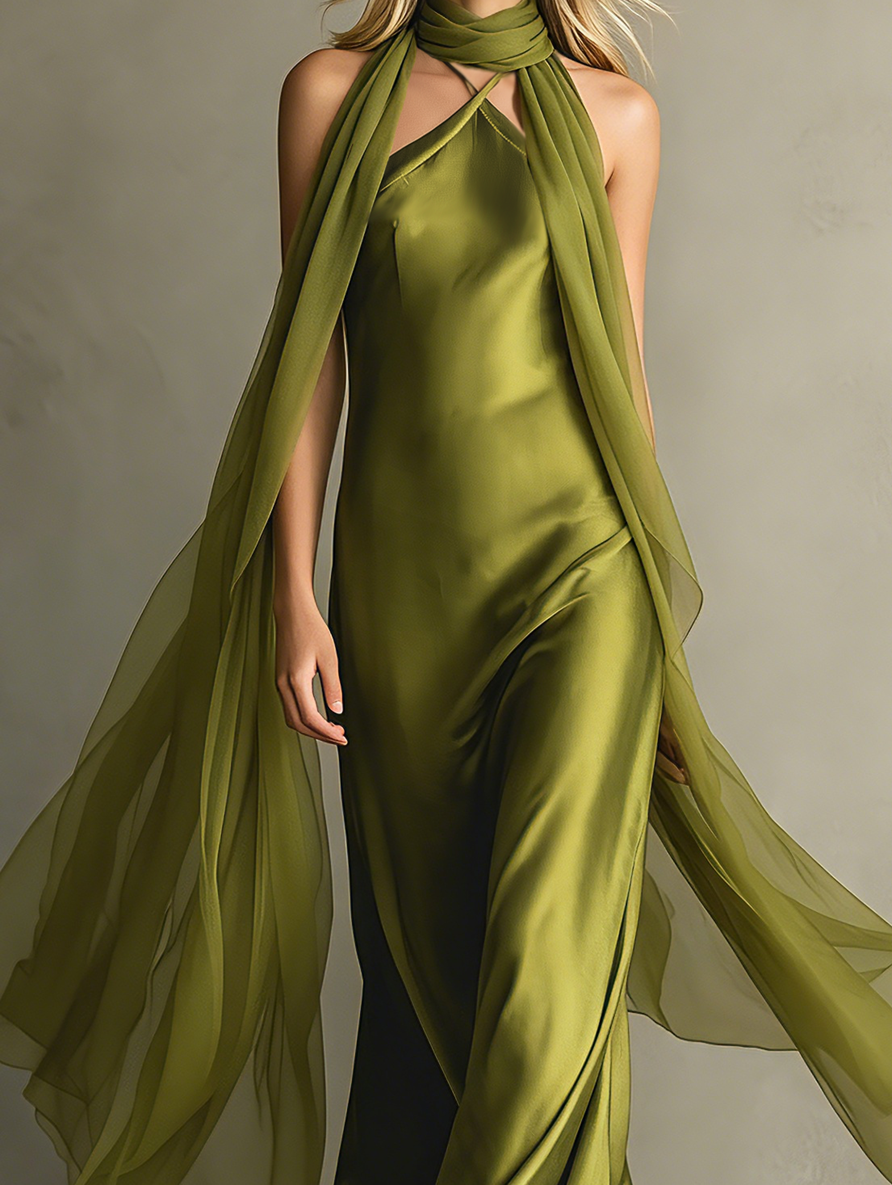 Elegant And Romantic Green Satin Camisole Maxi Dress Paired With A Chiffon Shawl. MDZ0825F0LXY