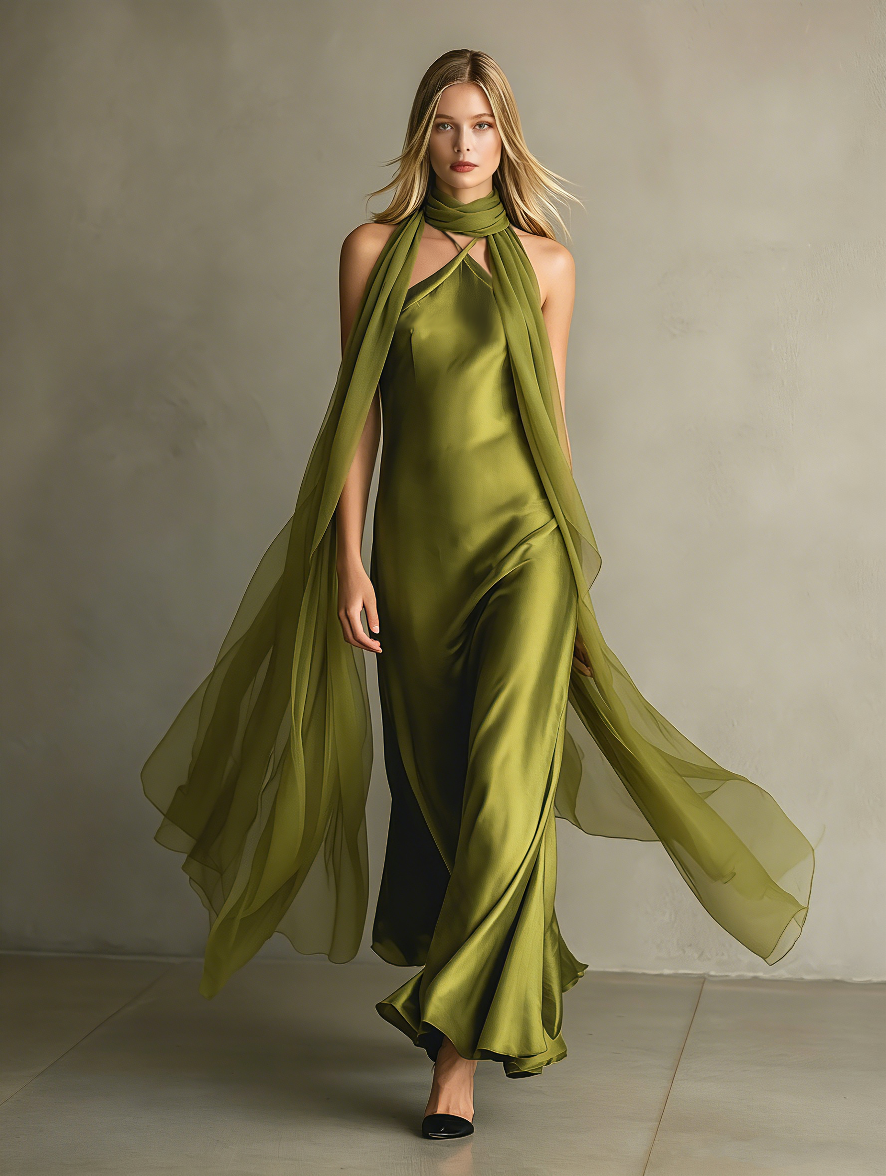 Elegant And Romantic Green Satin Camisole Maxi Dress Paired With A Chiffon Shawl. MDZ0825F0LXY