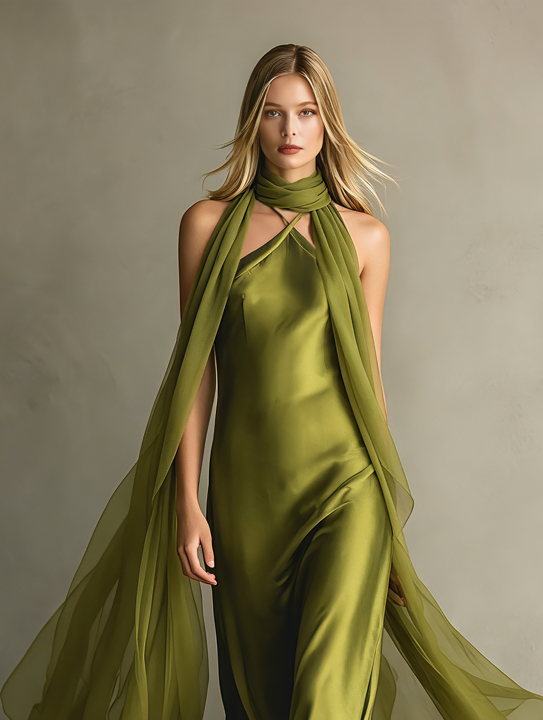 Elegant And Romantic Green Satin Camisole Maxi Dress Paired With A Chiffon Shawl. MDZ0825F0LXY