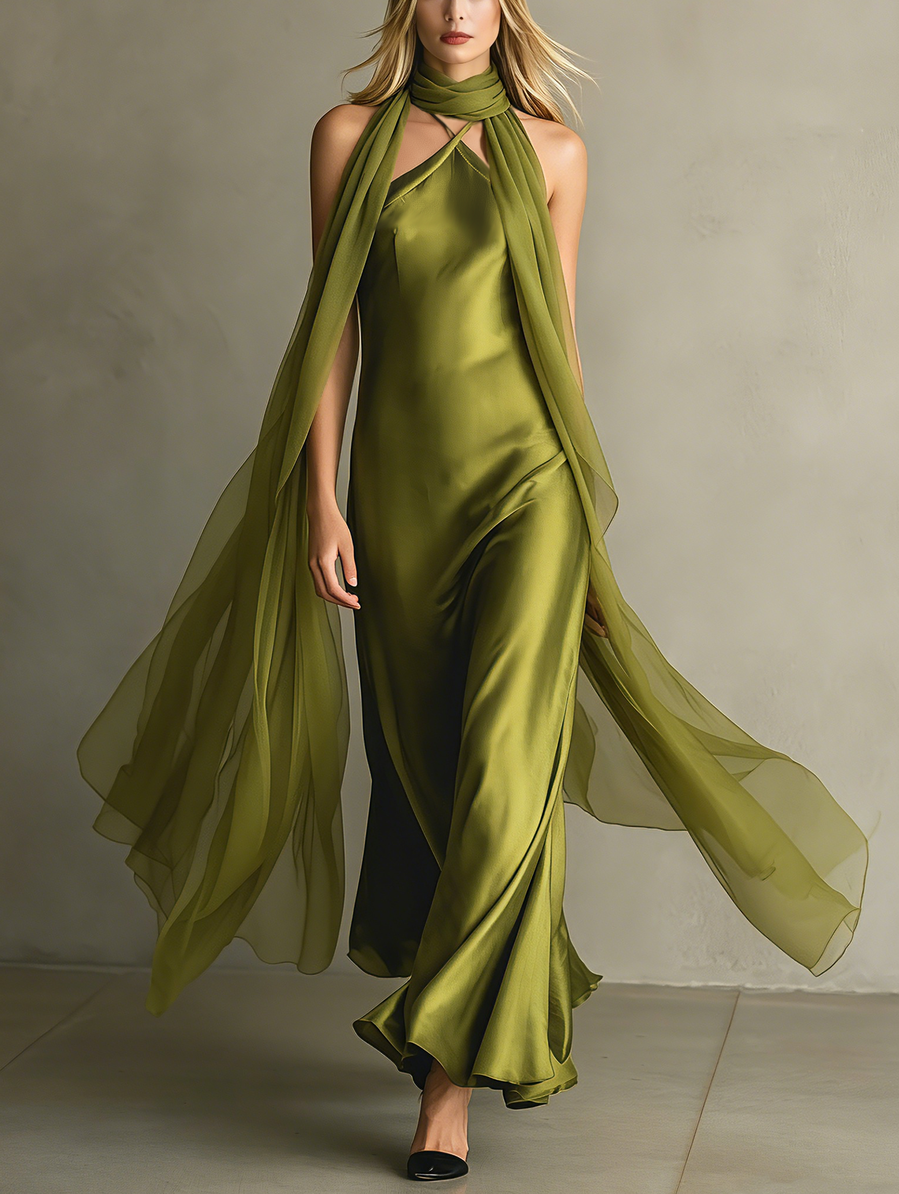 Elegant And Romantic Green Satin Camisole Maxi Dress Paired With A Chiffon Shawl. MDZ0825F0LXY