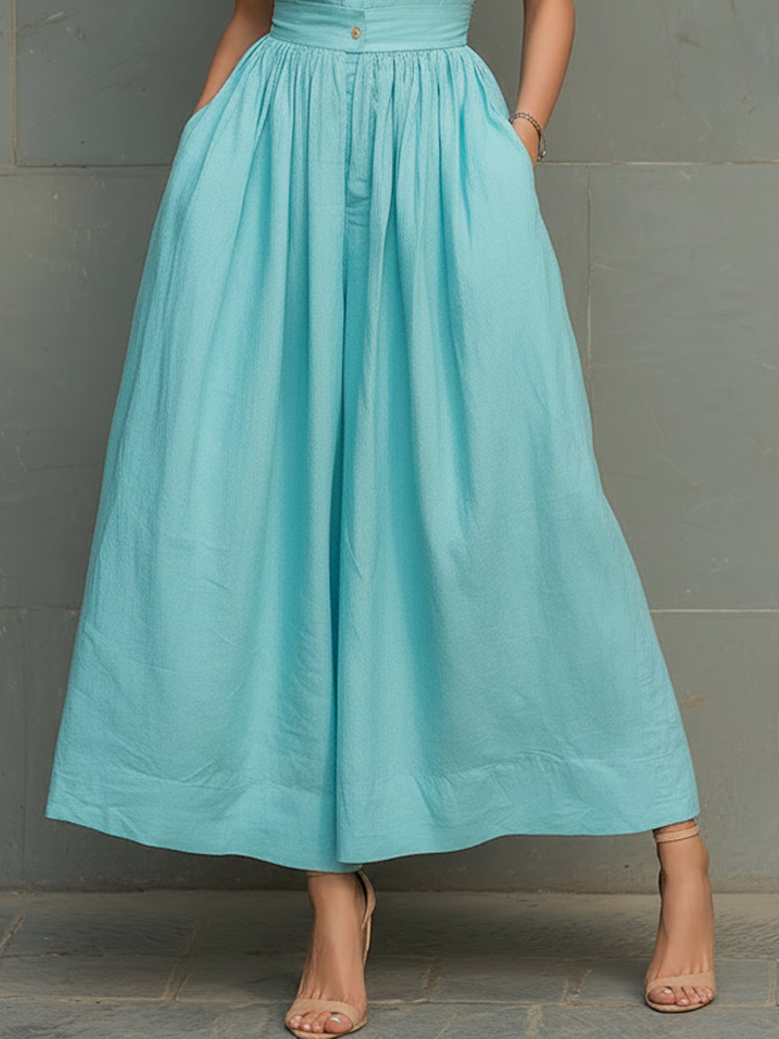 Women's Minimalist Linen-Blend Halter-Neck Single-Breasted Wide-Leg Jumpsuit MDZ0830F5WY