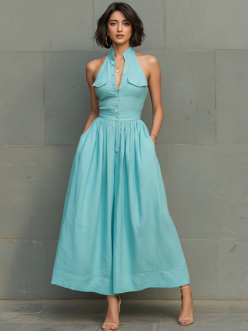 Women's Minimalist Linen-Blend Halter-Neck Single-Breasted Wide-Leg Jumpsuit MDZ0830F5WY