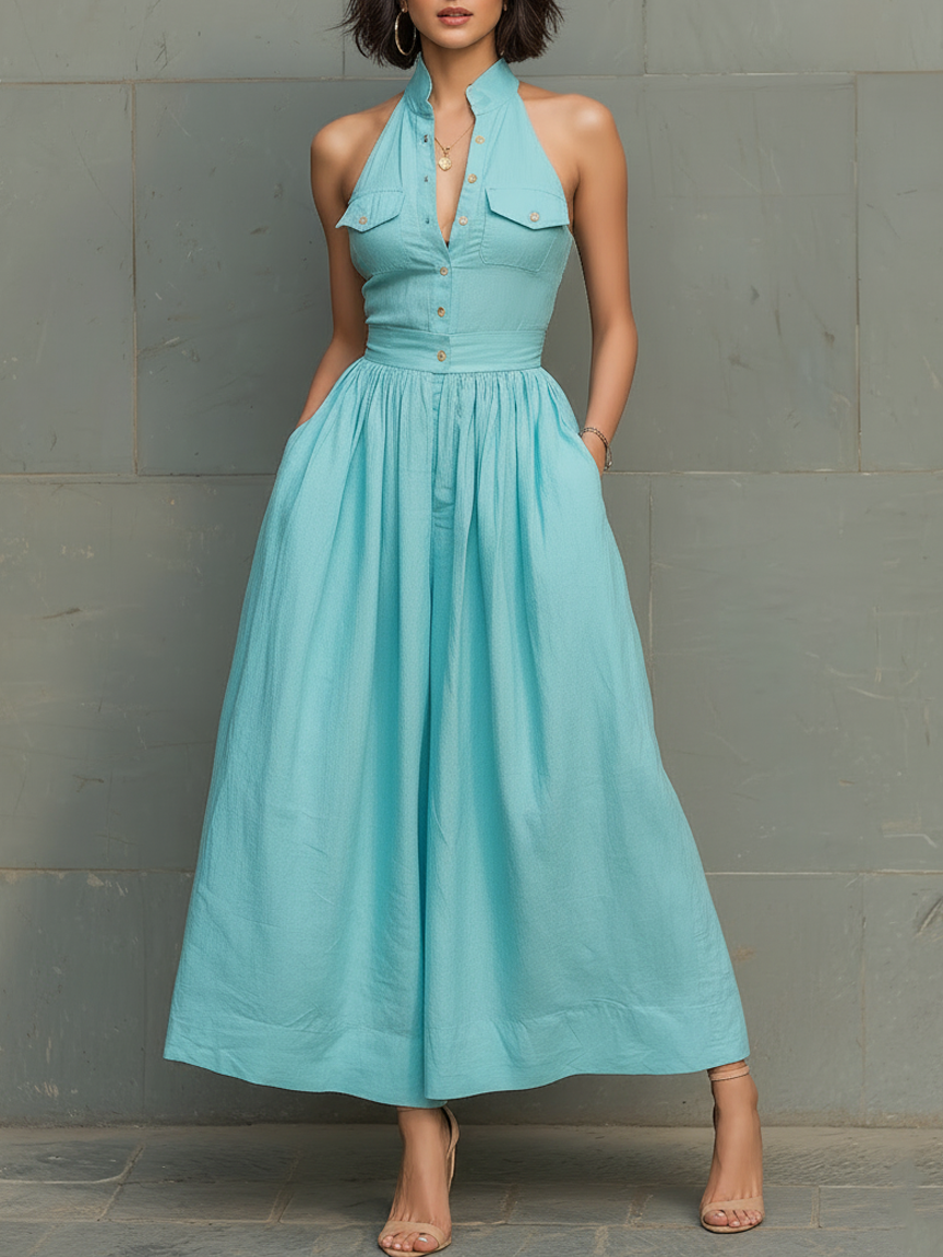 Women's Minimalist Linen-Blend Halter-Neck Single-Breasted Wide-Leg Jumpsuit MDZ0830F5WY