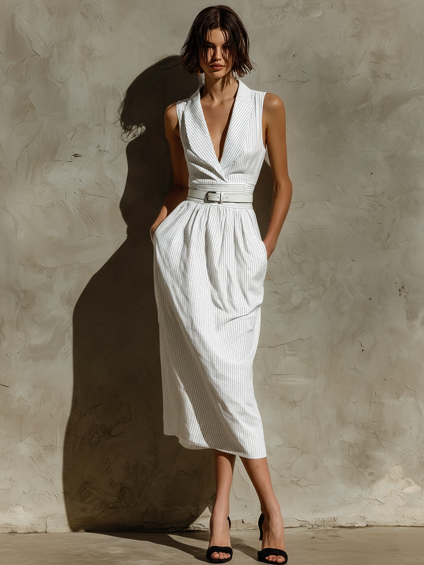 Women's Minimalist Striped Sleeveless Midi Dress With Collar And Belt MDZ0843F8WY