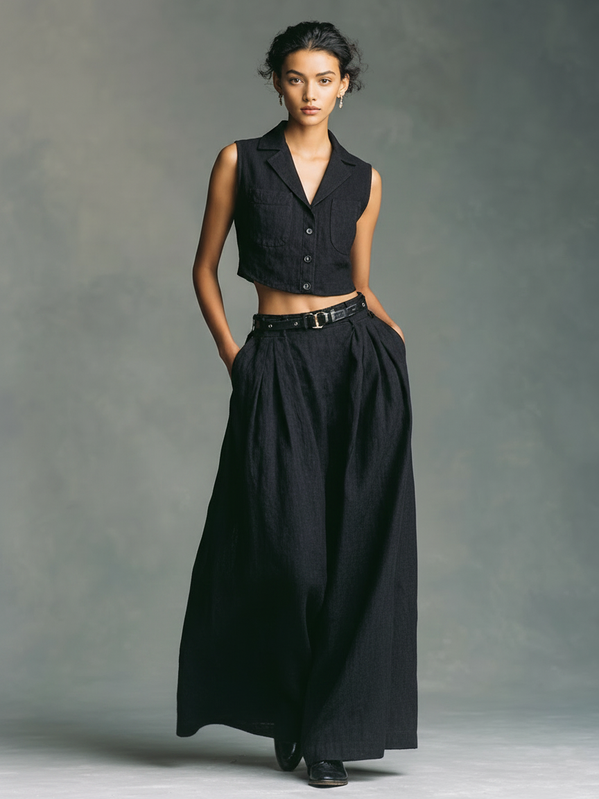 Women's Minimalist Linen-Blend Sleeveless Single-Breasted Vest And Maxi Skirt Set (Belt Not Included) MDZ0893F8WY