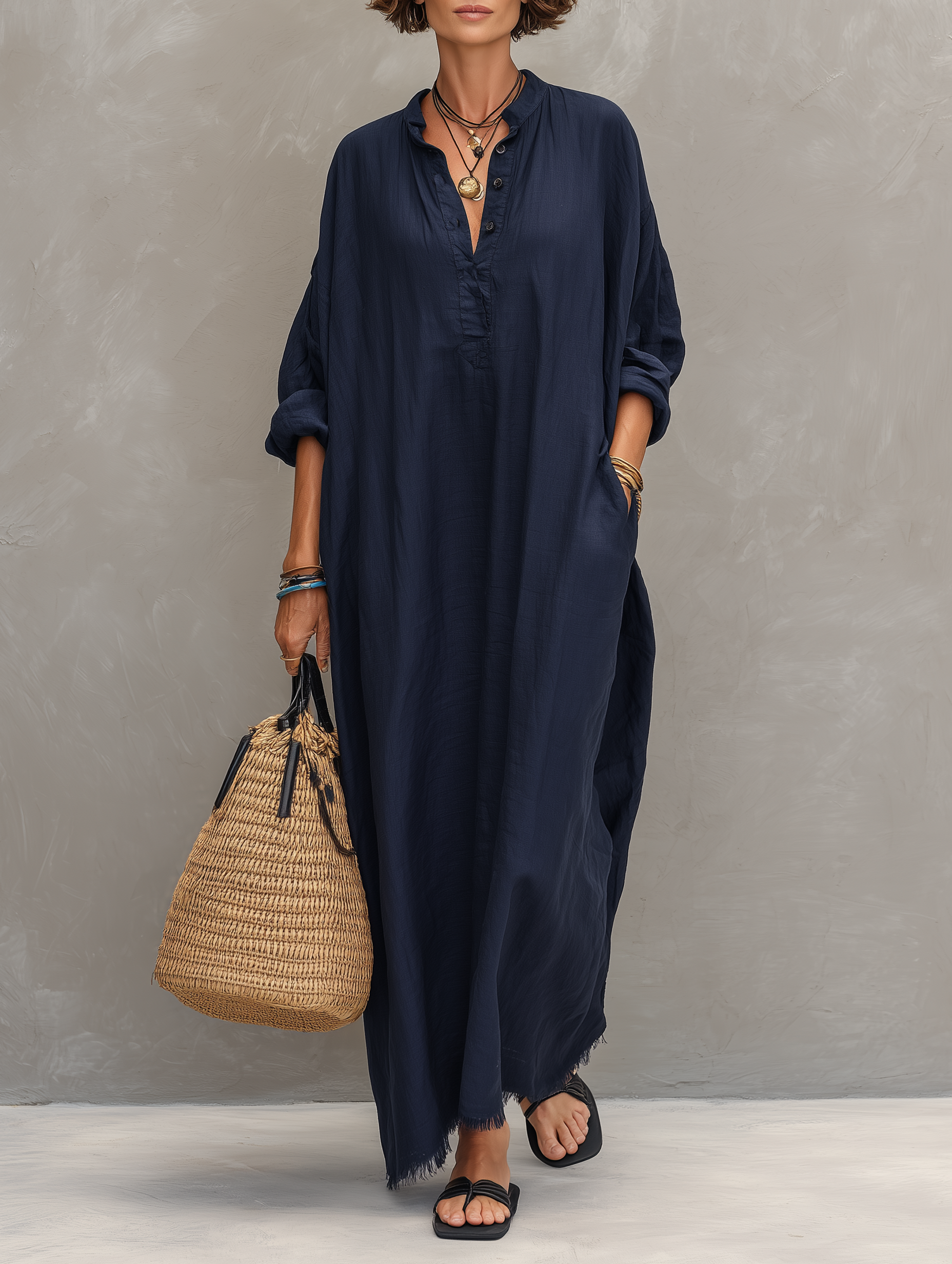 Women's Minimalist Loose-Fit Long-Sleeve Henley Maxi Dress With Raw-Edge Hem MDZ0836F0WY