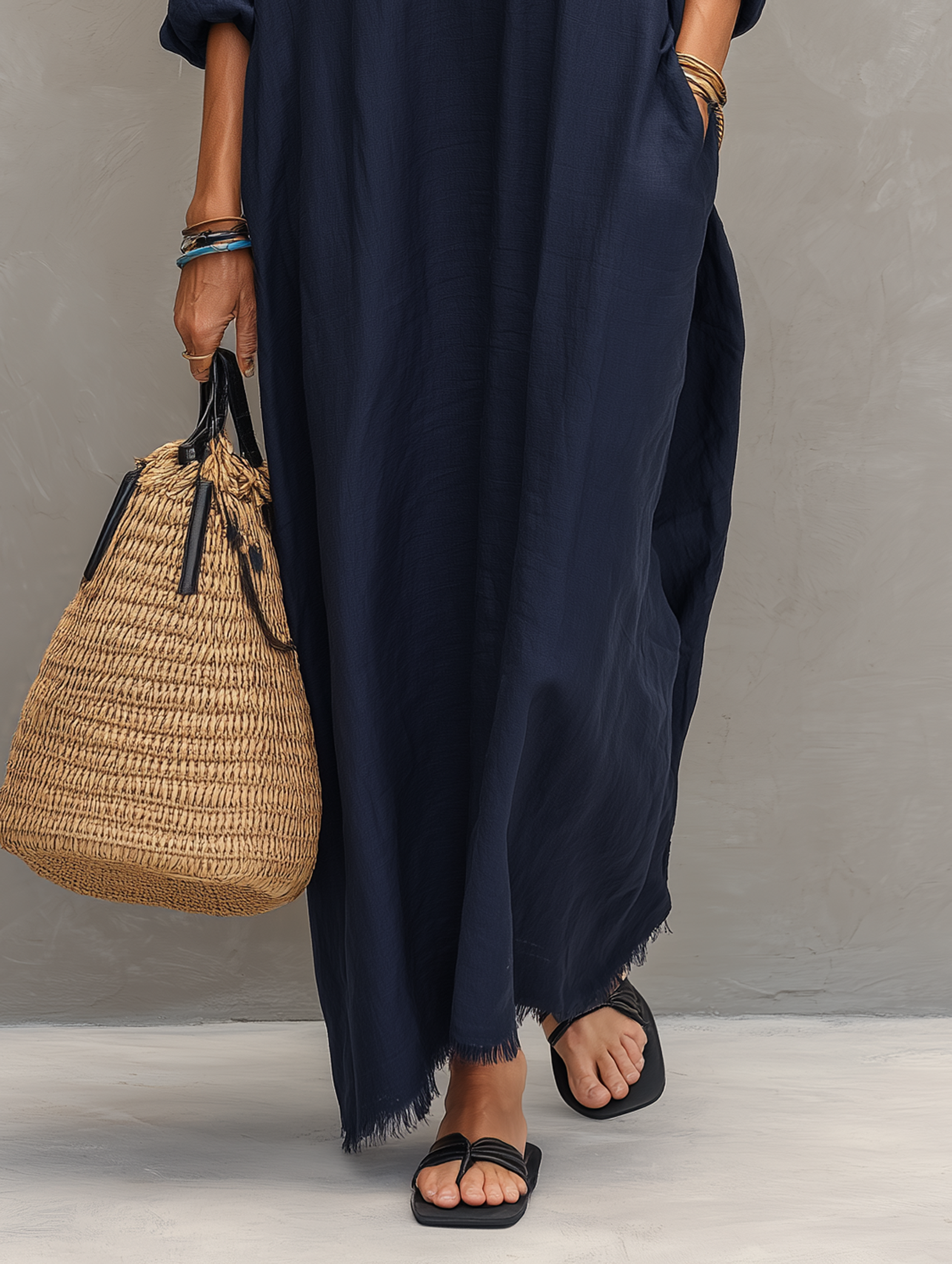 Women's Minimalist Loose-Fit Long-Sleeve Henley Maxi Dress With Raw-Edge Hem MDZ0836F0WY