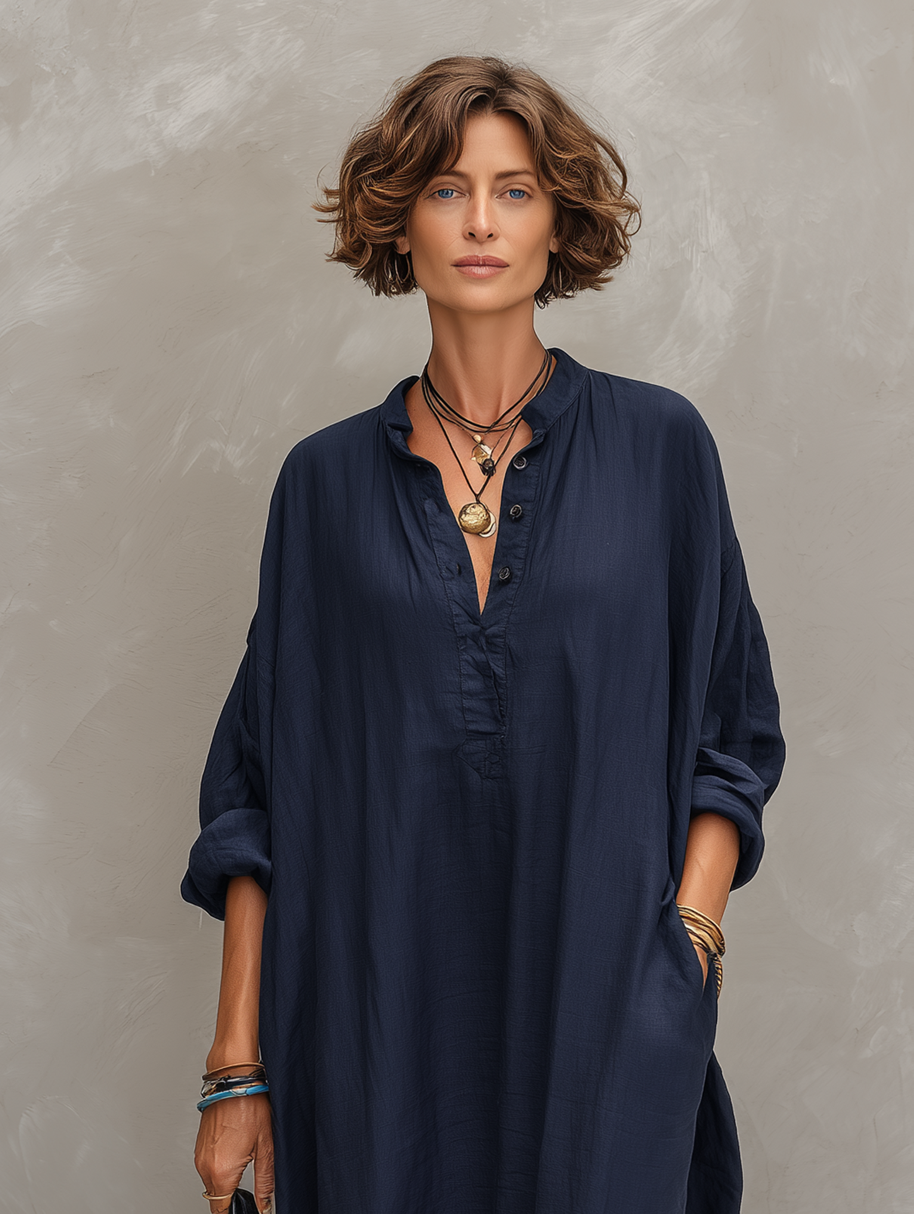 Women's Minimalist Loose-Fit Long-Sleeve Henley Maxi Dress With Raw-Edge Hem MDZ0836F0WY