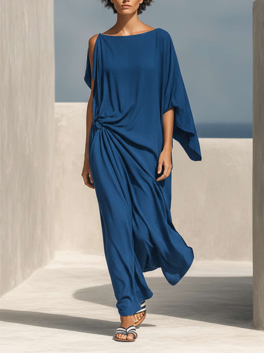 Women's Cobalt Blue Flowy Textured Dress With Boat Neck & Side Drape Knot, Modern Effortless-Chic Vacation Dress MDZ0904F7LYL