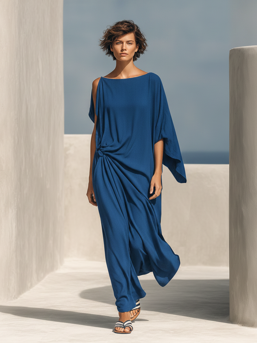 Women's Cobalt Blue Flowy Textured Dress With Boat Neck & Side Drape Knot, Modern Effortless-Chic Vacation Dress MDZ0904F7LYL
