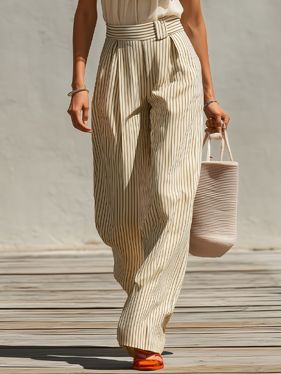 Women's Cream & Beige Two-Piece Set With Ruffled Sleeveless Cami Top & High Waist Striped Wide Leg Pants, Casual Resort Outfit MDZ0975F2LYL