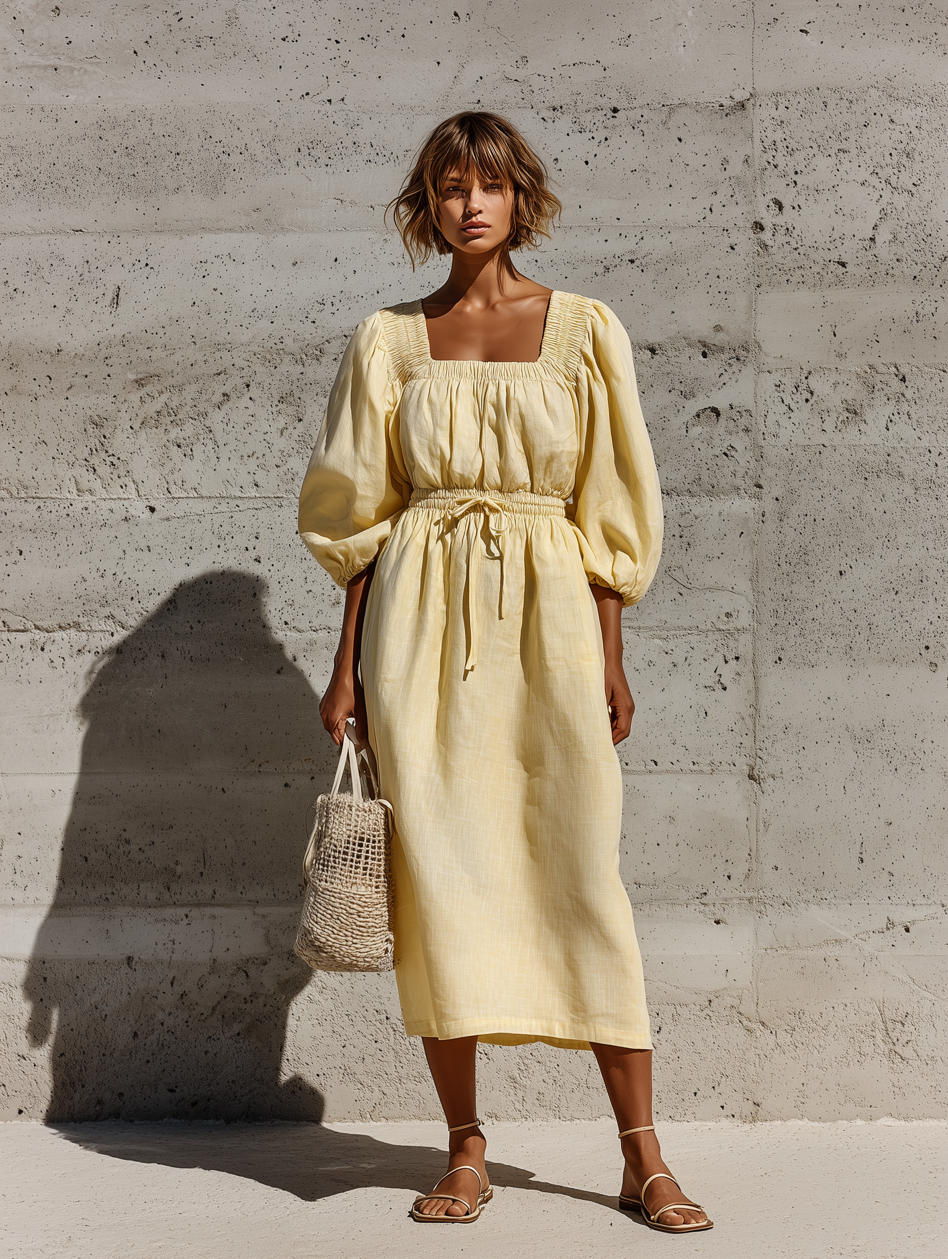 Women’s Pale Yellow Linen-Blend Square Neck Smocked Elastic Drawstring Waist Puff Sleeve Midi Dress MDZ0950F9T