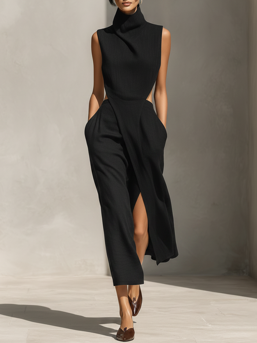 Women's Solid Black High-Neck Sleeveless Dress With Asymmetrical Draped Front & Side Slit, Modern Chic Cocktail Dress MDZ0980F3LYL