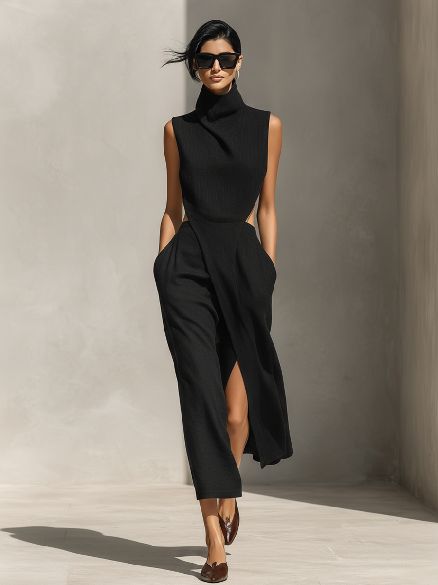 Women's Solid Black High-Neck Sleeveless Dress With Asymmetrical Draped Front & Side Slit, Modern Chic Cocktail Dress MDZ0980F3LYL