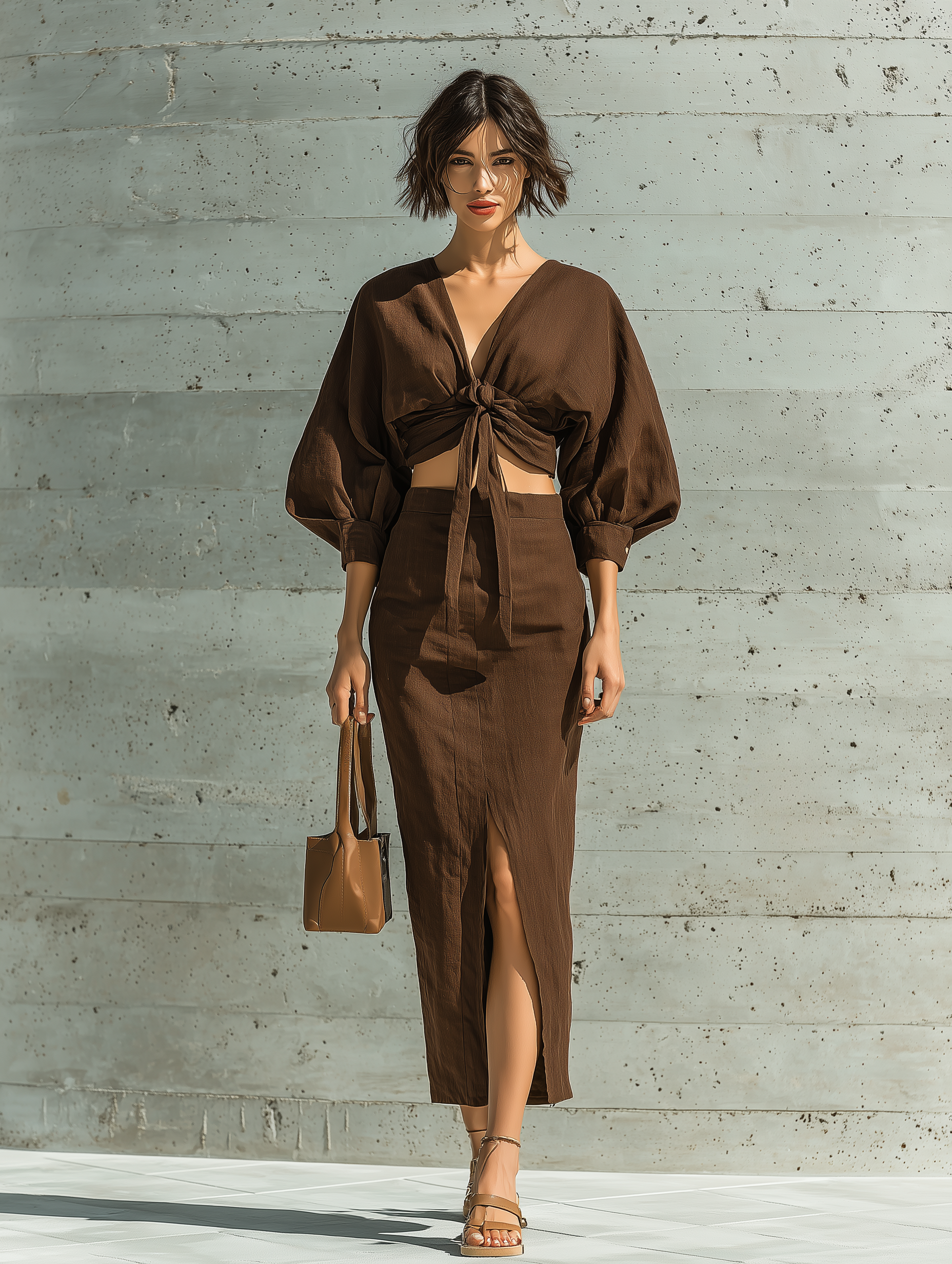 Women’s Chocolate Brown Linen-Blend V-Neck Puff Sleeve Tie-Front Crop Top & High Waist Front Slit Midi Skirt Two-Piece Set MDZ0984F0T