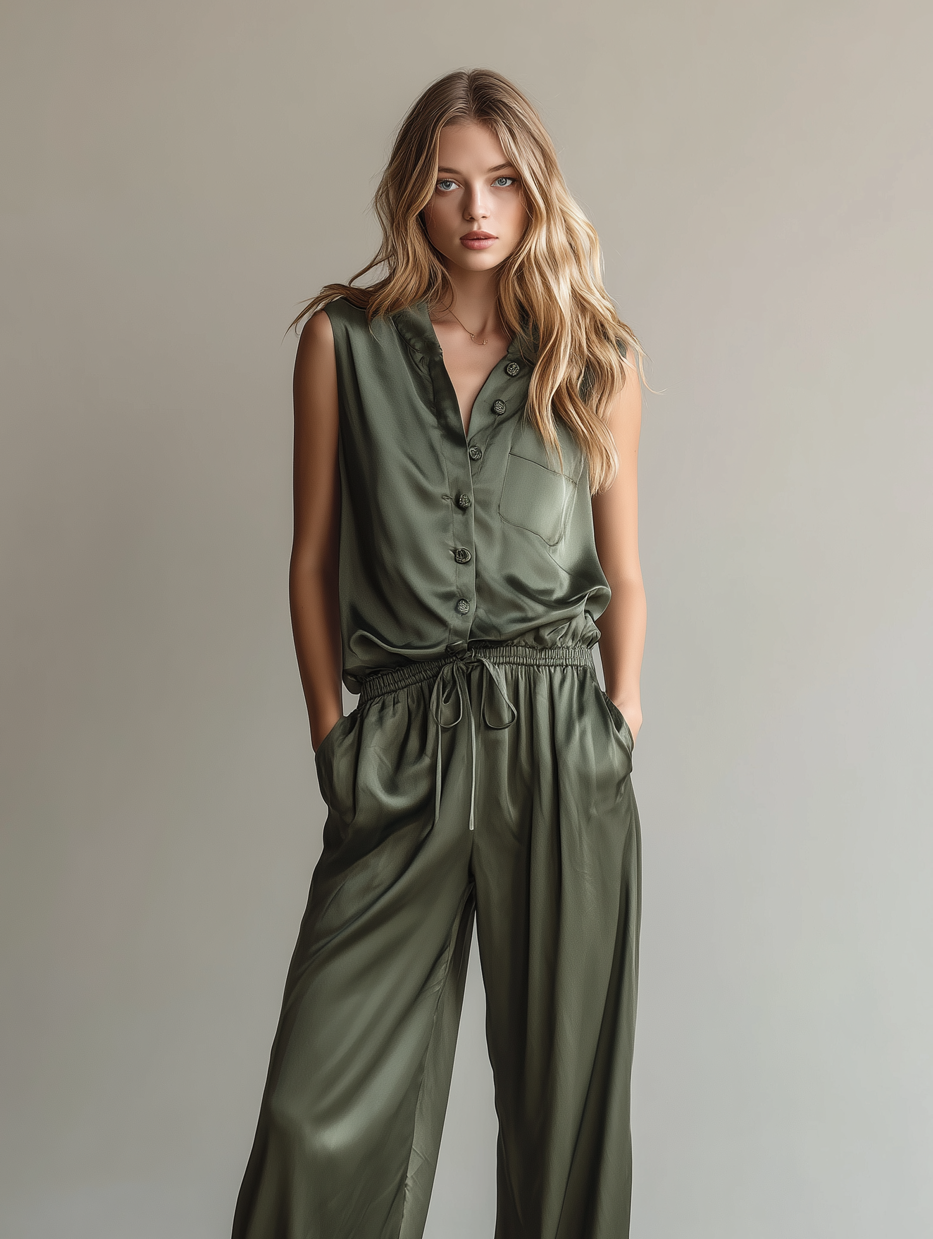 Women's Casual Sage Green Satin Sleeveless Jumpsuit MDZ0967F1LXY