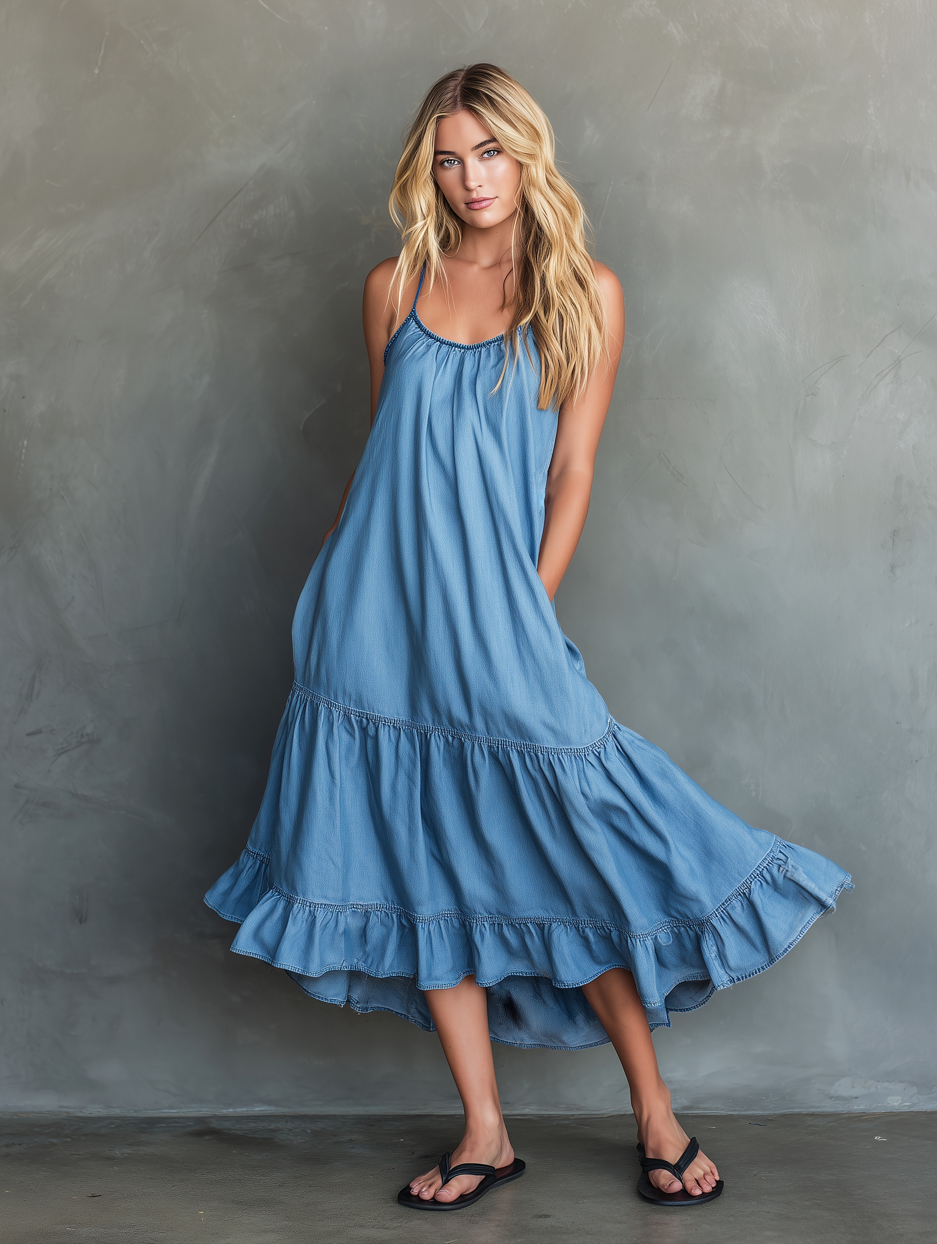 Women's Casual Blue Denim Maxi Dress With Straps MDZ0935F3LXY