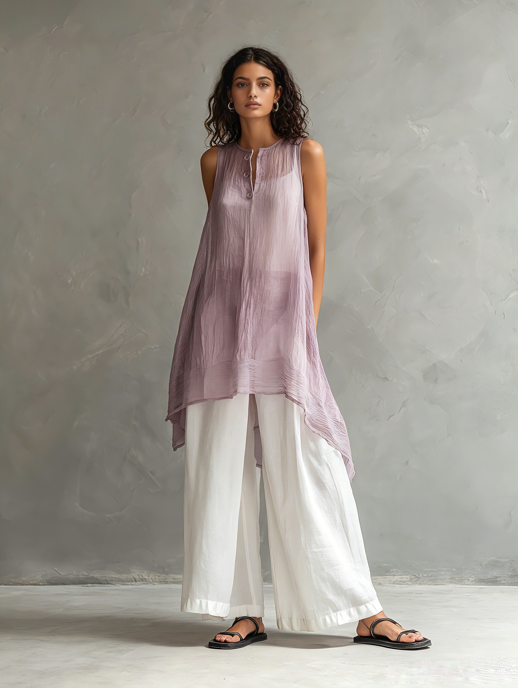 Women's Casual Sleeveless Light Purple Chiffon Blouse Paired With Cotton-linen Trousers (includes A Camisole) MDZ0948F1LXY