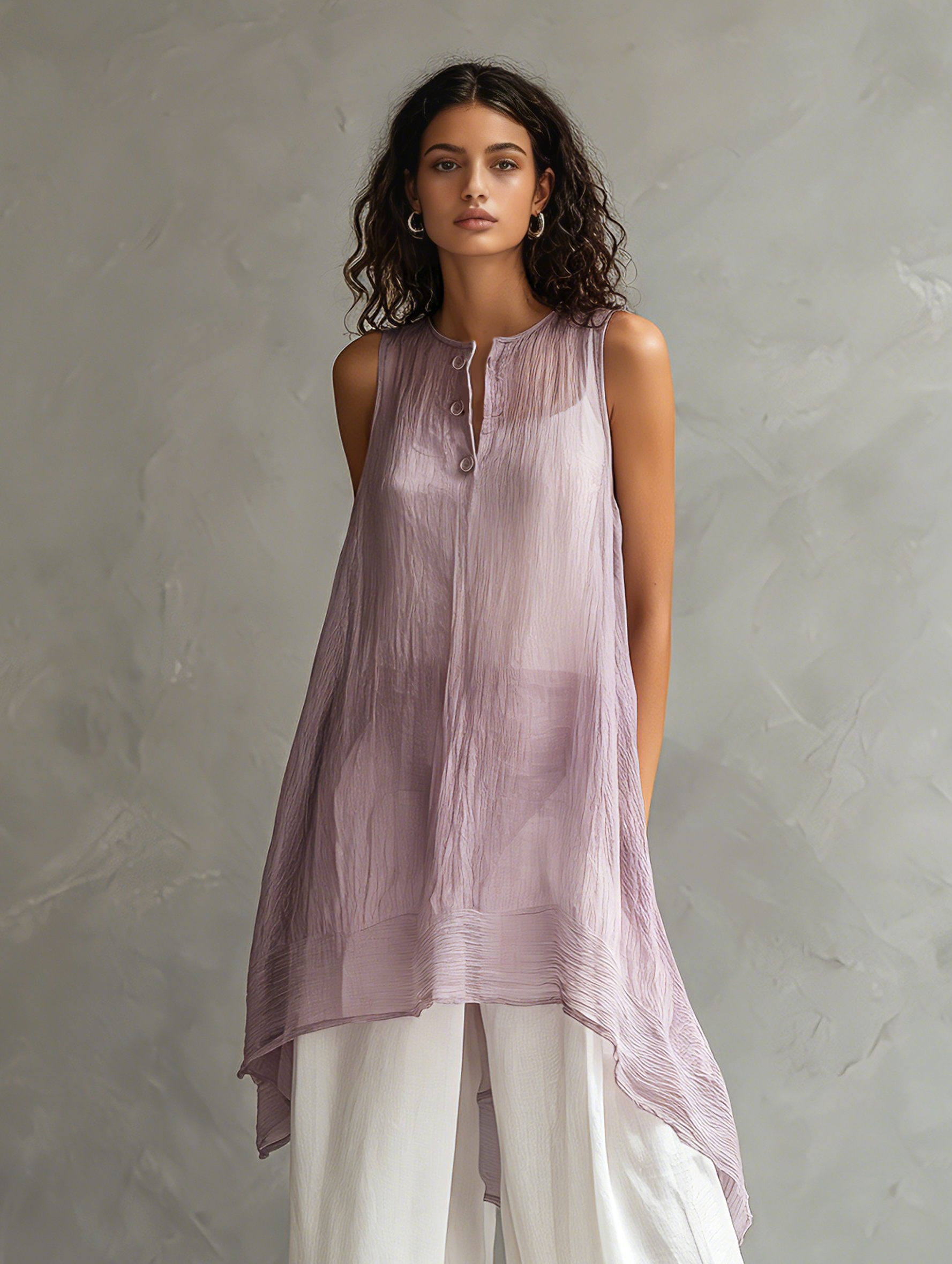 Women's Casual Sleeveless Light Purple Chiffon Blouse Paired With Cotton-linen Trousers (includes A Camisole) MDZ0948F1LXY