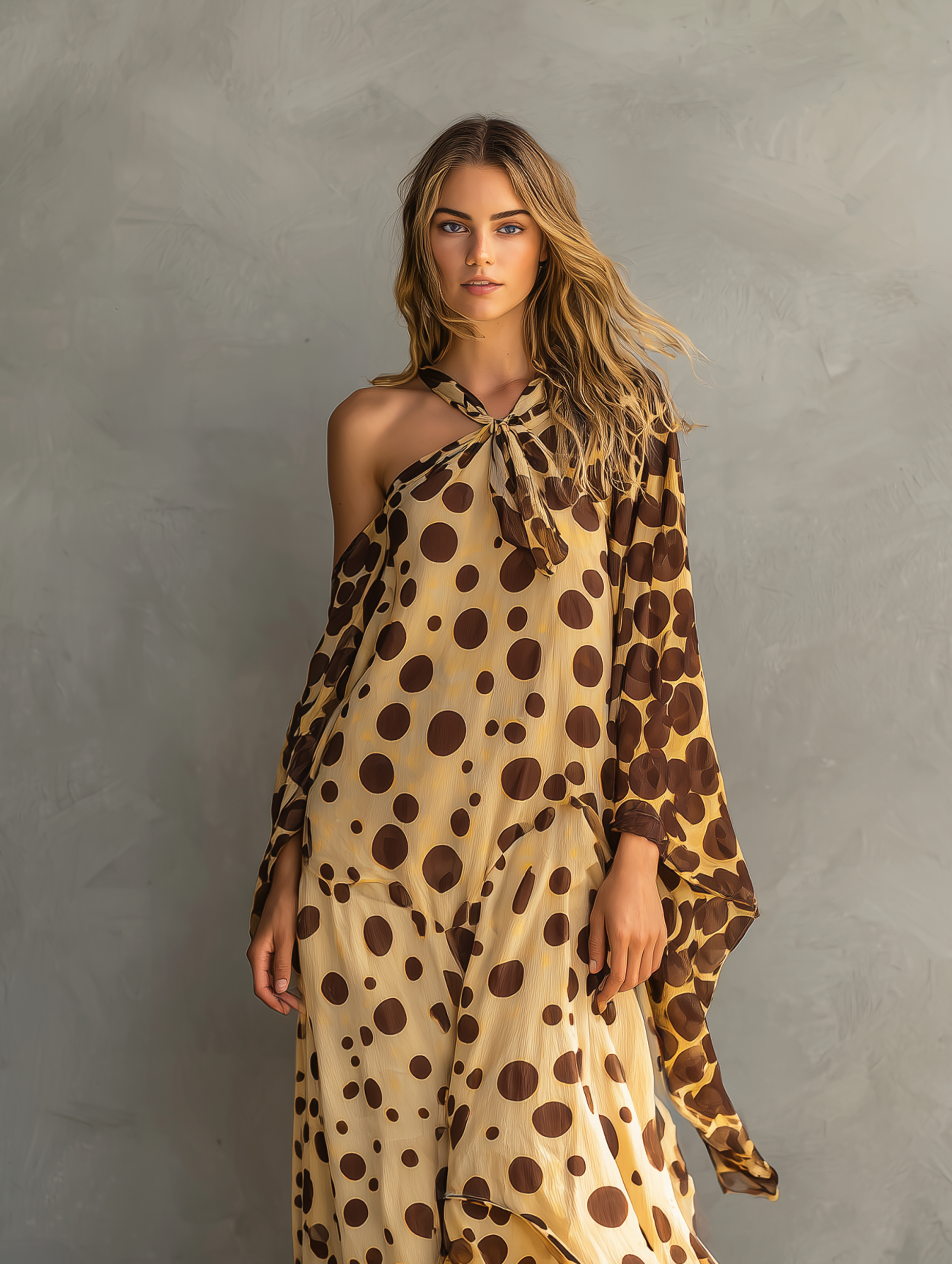 Women's Casual Long-sleeved Maxi Dress In Yellow And Brown Polka-dot Chiffon MDZ0992F1LXY