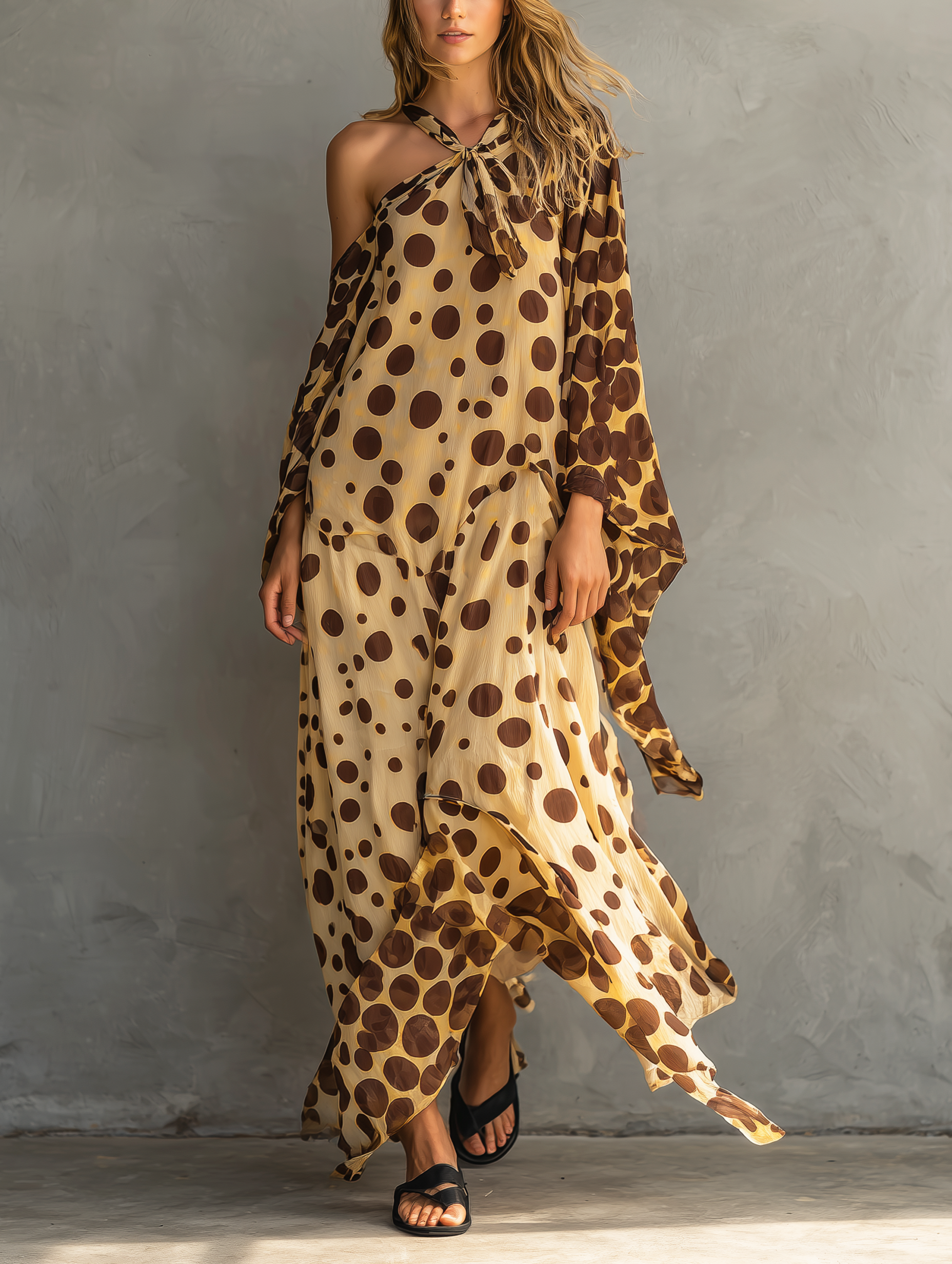 Women's Casual Long-sleeved Maxi Dress In Yellow And Brown Polka-dot Chiffon MDZ0992F1LXY