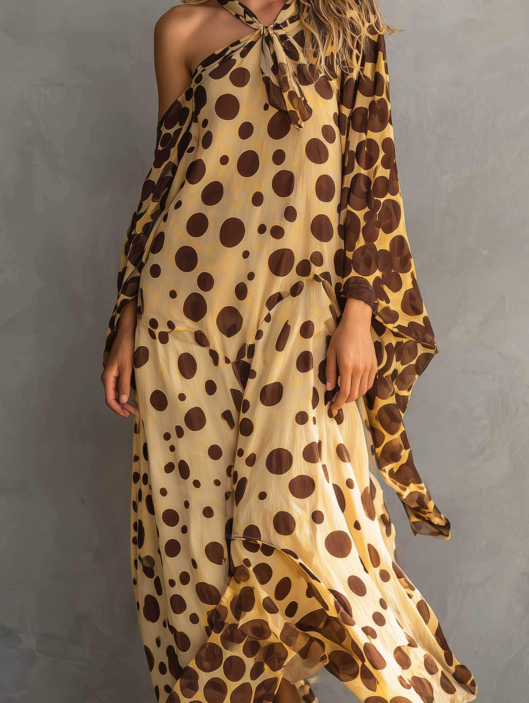 Women's Casual Long-sleeved Maxi Dress In Yellow And Brown Polka-dot Chiffon MDZ0992F1LXY