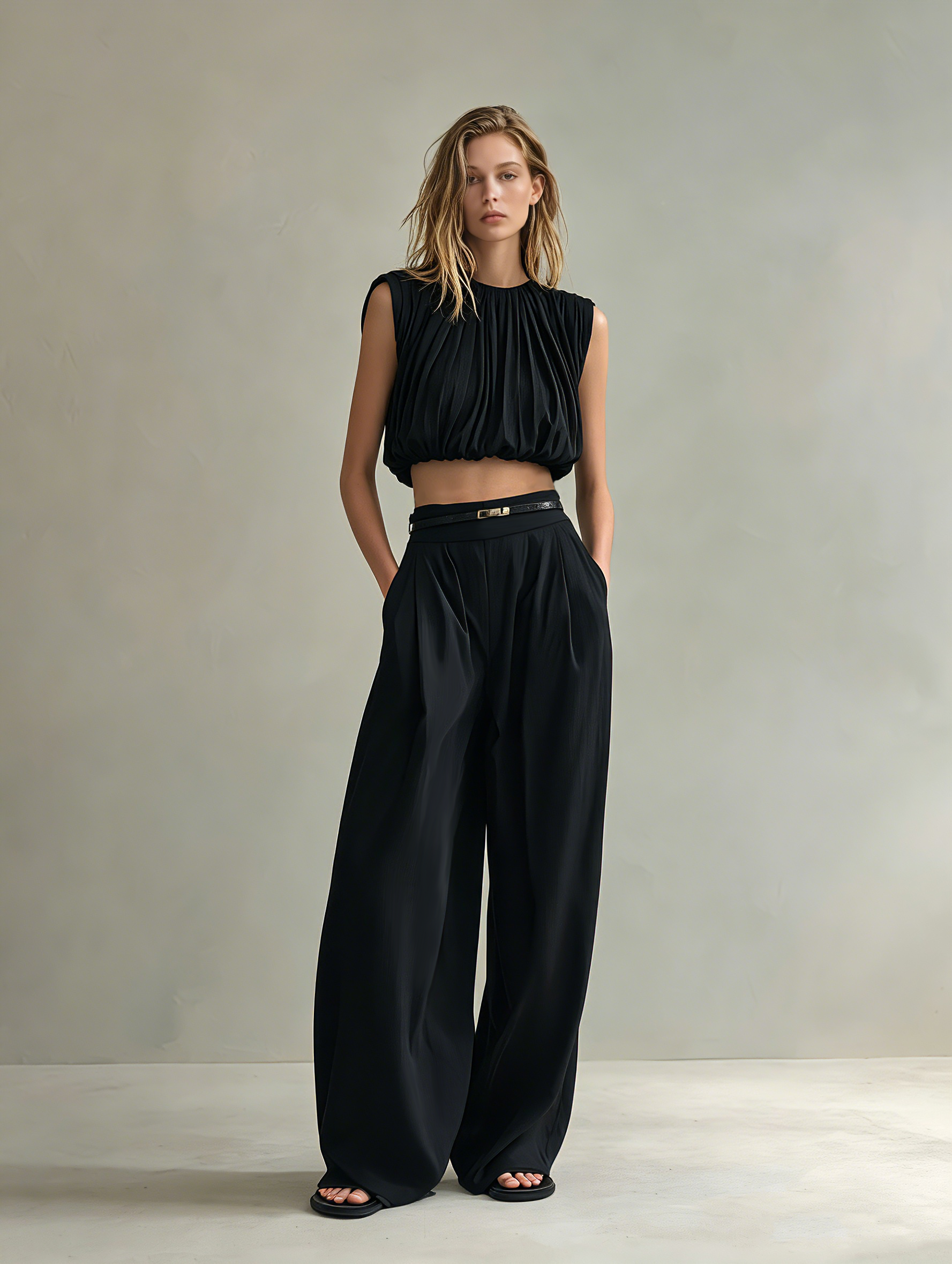 Women's Elegant Black Sleeveless Chiffon Top Paired With Black Woven Trousers (belt Not Included) MDZ0919F3LXY