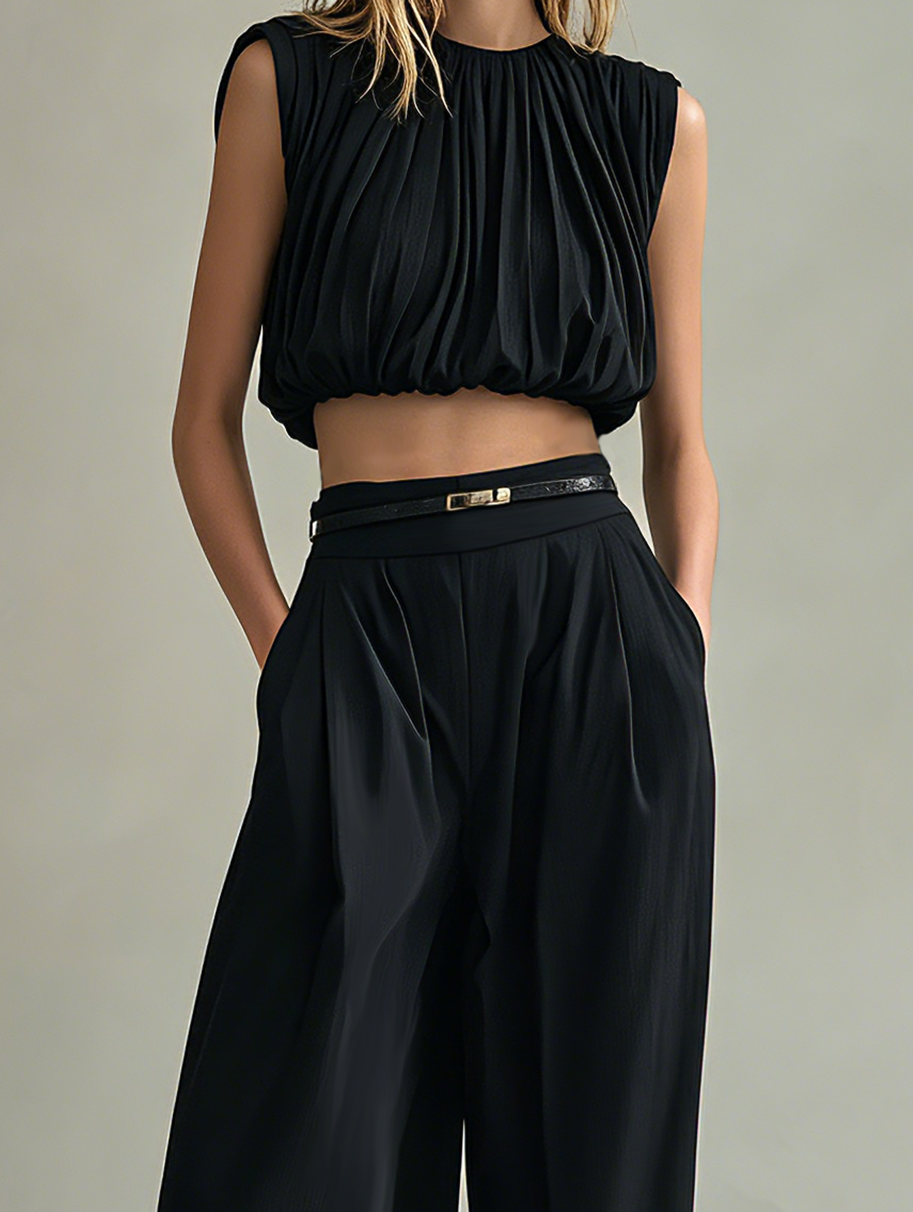 Women's Elegant Black Sleeveless Chiffon Top Paired With Black Woven Trousers (belt Not Included) MDZ0919F3LXY