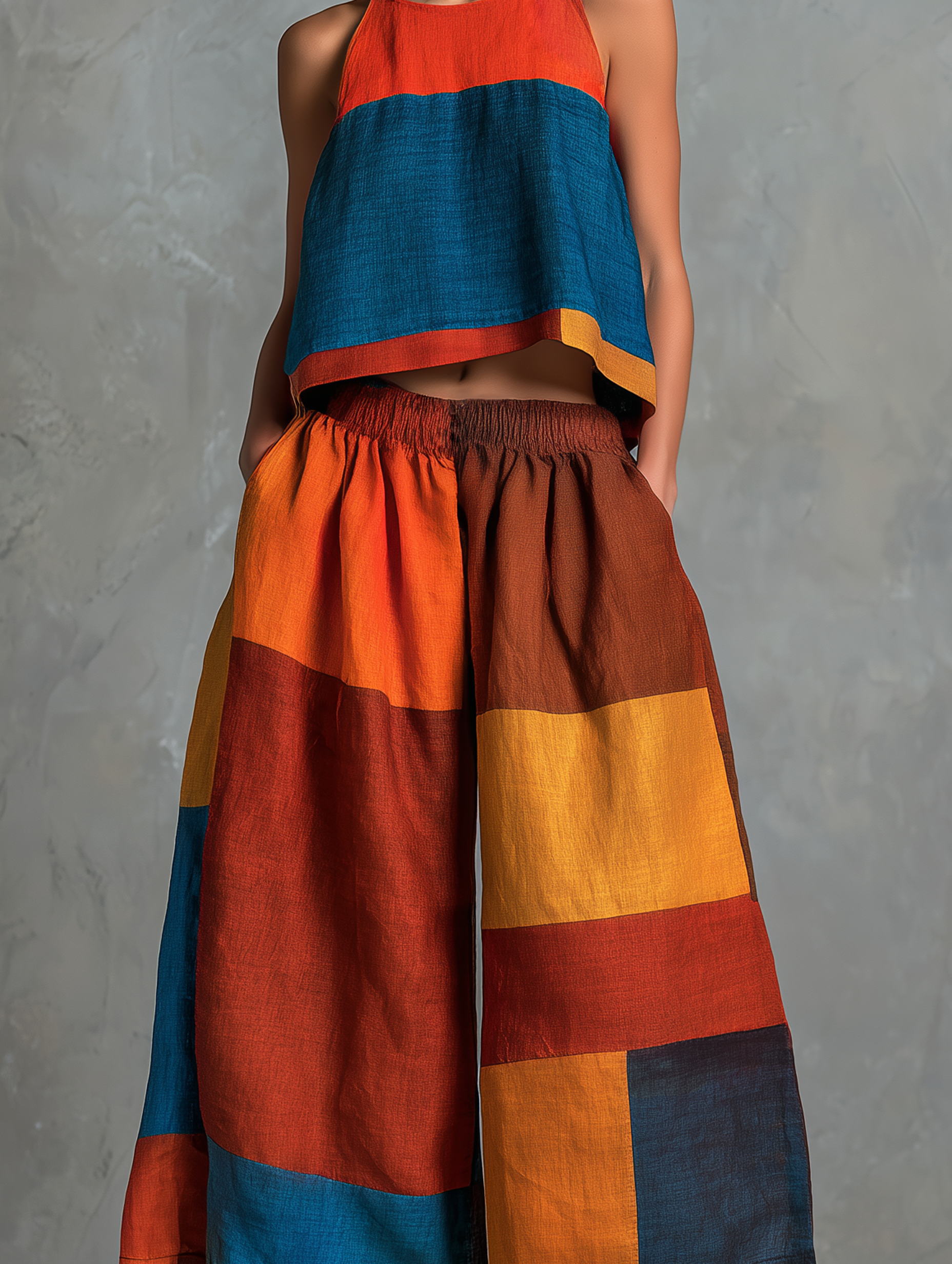 Women's Casual Sleeveless Round-neck Top And Trousers In A Multi-color Patchwork Cotton-linen Blend MDZ0917F0LXY