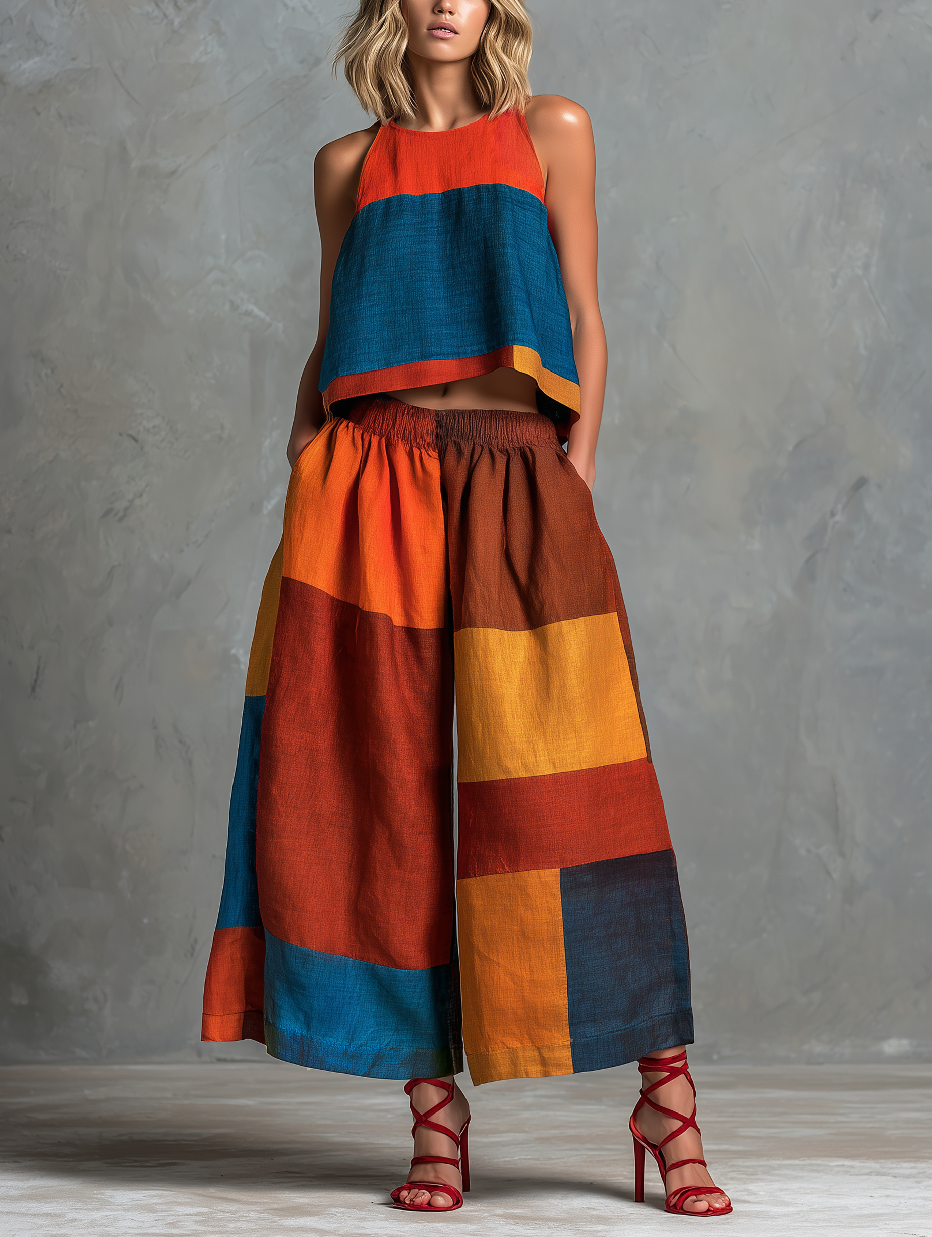 Women's Casual Sleeveless Round-neck Top And Trousers In A Multi-color Patchwork Cotton-linen Blend MDZ0917F0LXY