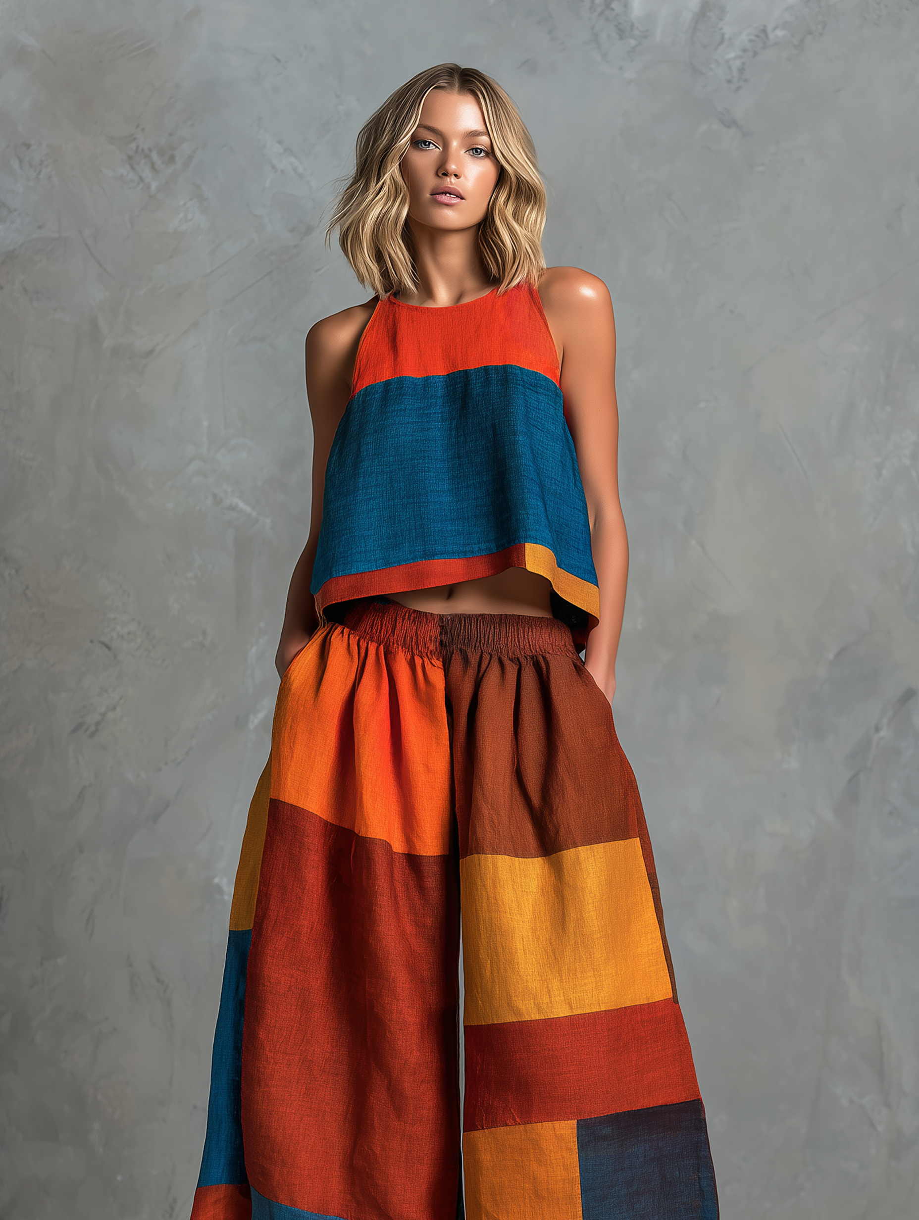 Women's Casual Sleeveless Round-neck Top And Trousers In A Multi-color Patchwork Cotton-linen Blend MDZ0917F0LXY