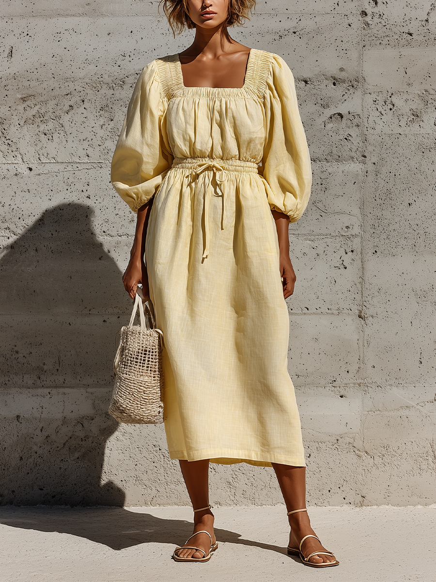 Women’s Pale Yellow Linen-Blend Square Neck Smocked Elastic Drawstring Waist Puff Sleeve Midi Dress MDZ0950F9T