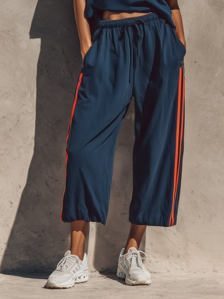 Women’s Navy Loose Short Sleeve Polo Shirt & Elastic Drawstring Waist Orange Stripe Cropped Jogger Pants Two-Piece Set MDZ0983F7T