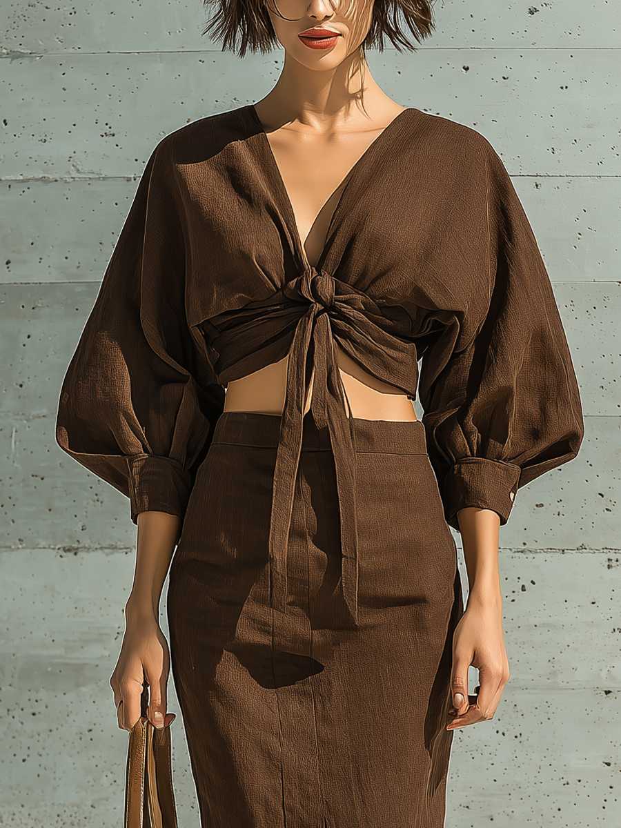 Women’s Chocolate Brown Linen-Blend V-Neck Puff Sleeve Tie-Front Crop Top & High Waist Front Slit Midi Skirt Two-Piece Set MDZ0984F0T