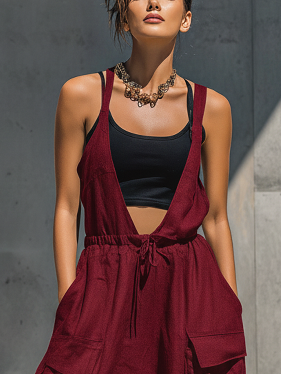 Women’s Burgundy Sleeveless V-Neck Drawstring Waist Cargo Pocket Drop Crotch Jogger Overalls Jumpsuit MDZ0951F1T