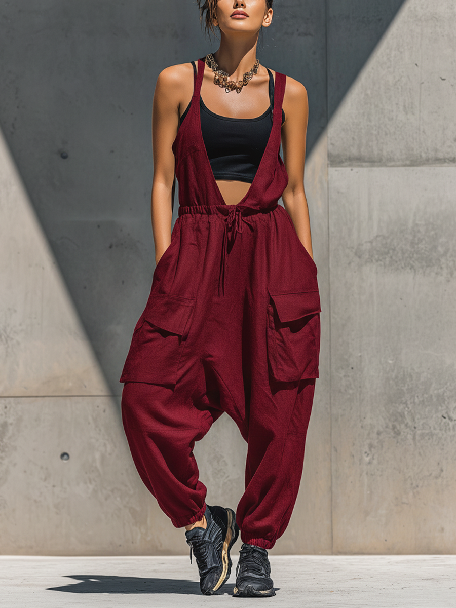 Women’s Burgundy Sleeveless V-Neck Drawstring Waist Cargo Pocket Drop Crotch Jogger Overalls Jumpsuit MDZ0951F1T