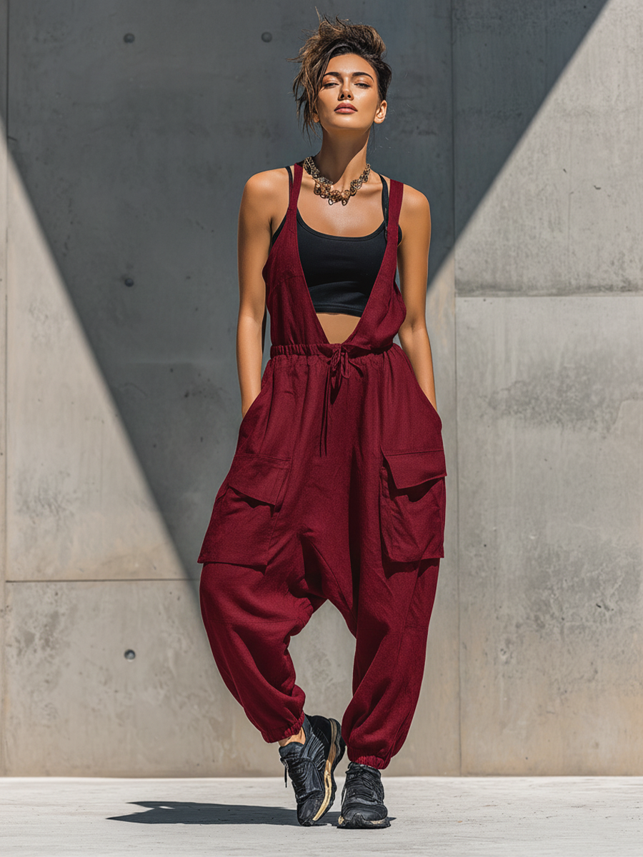 Women’s Burgundy Sleeveless V-Neck Drawstring Waist Cargo Pocket Drop Crotch Jogger Overalls Jumpsuit MDZ0951F1T