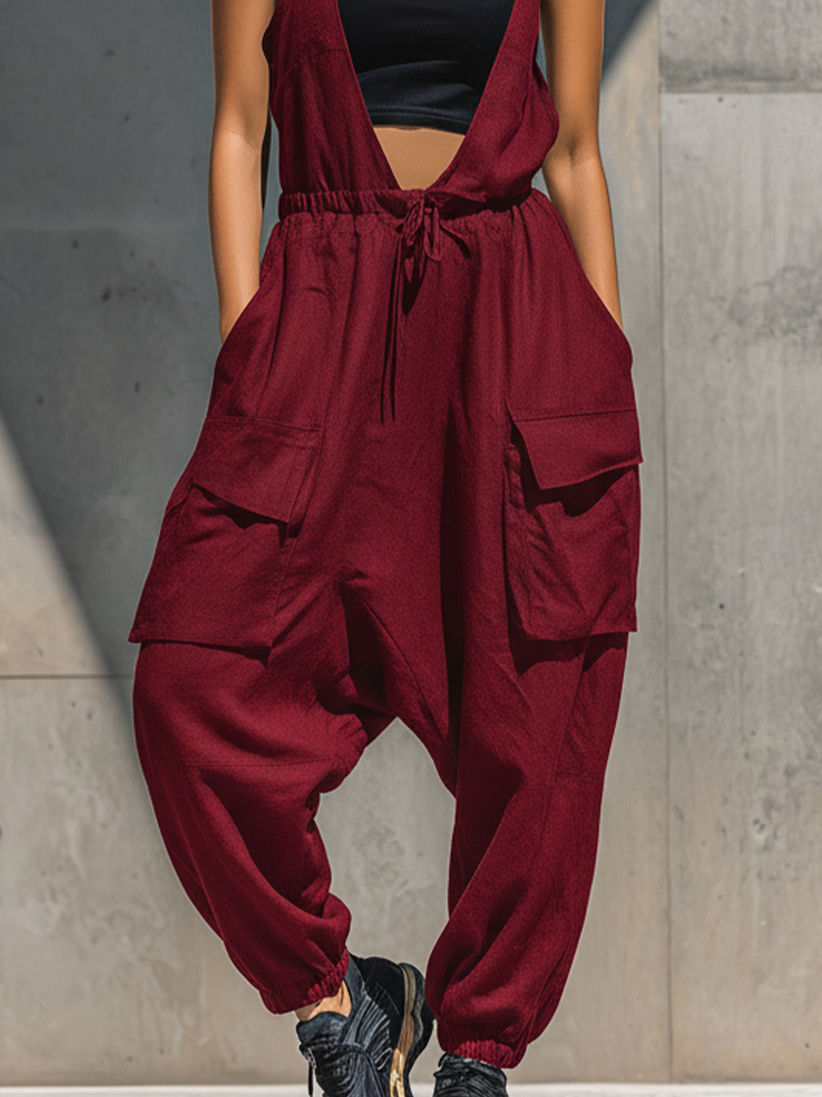 Women’s Burgundy Sleeveless V-Neck Drawstring Waist Cargo Pocket Drop Crotch Jogger Overalls Jumpsuit MDZ0951F1T