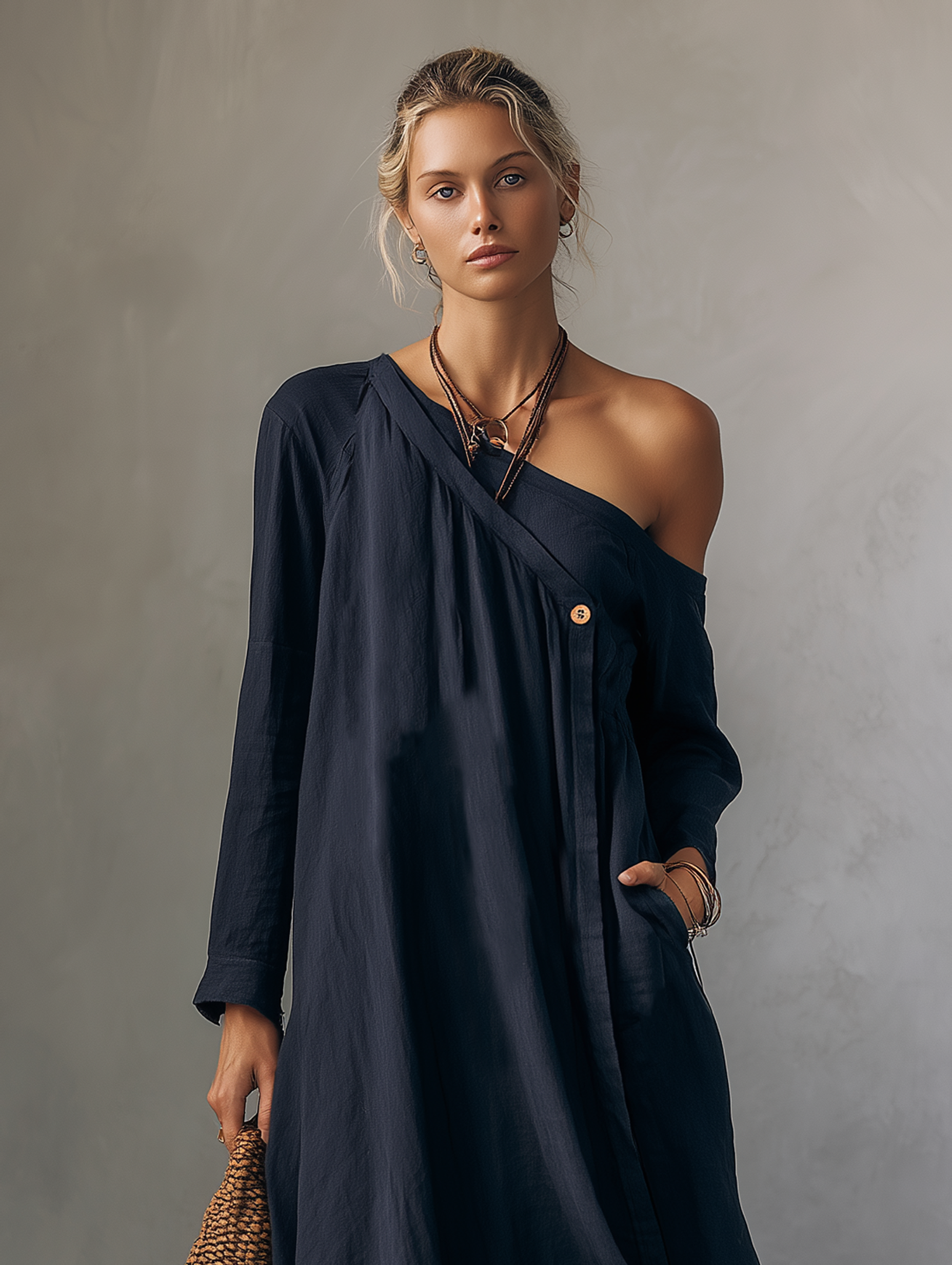 Women's Minimalist Linen-Blend One-Shoulder Long-Sleeve Maxi Dress MDZ0970F6WY
