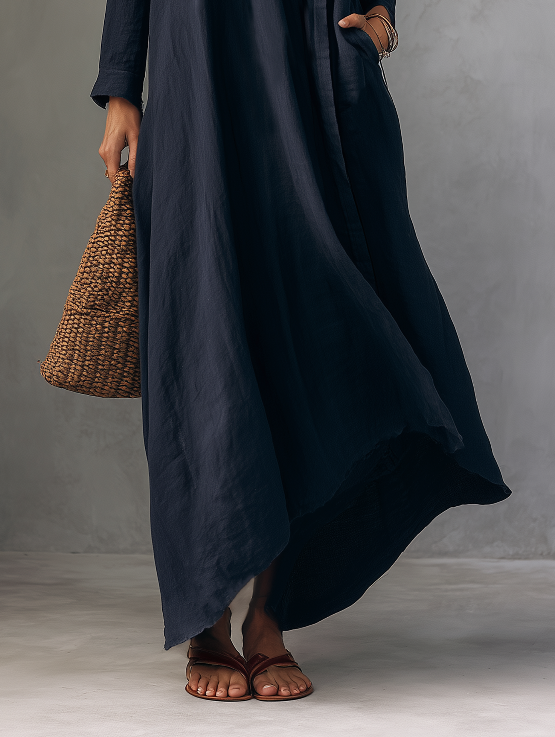 Women's Minimalist Linen-Blend One-Shoulder Long-Sleeve Maxi Dress MDZ0970F6WY