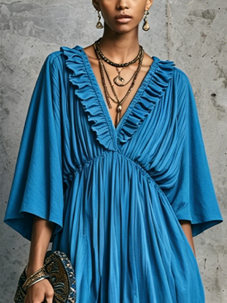 Women’s Resort-Style Royal Blue Cotton Blend V-Neck Ruffled Fringe Long Dress MDZ0996F7GMJ