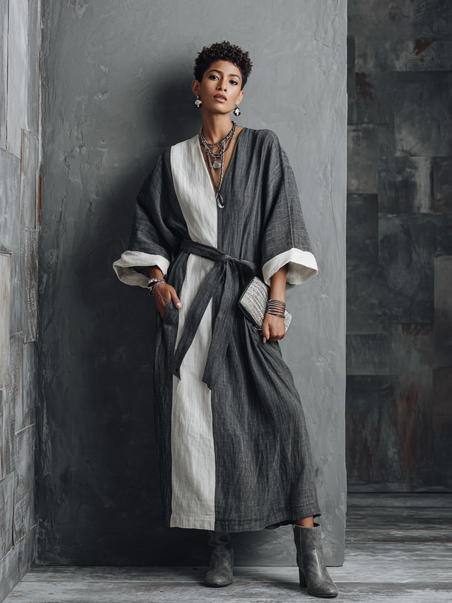 Women’s Relaxed Work-Appropriate Gray And Beige Color-Blocked Cotton And Linen Loose-Fitting V-Neck Tie-Waist Long Dress MDZ0977F0GMJ