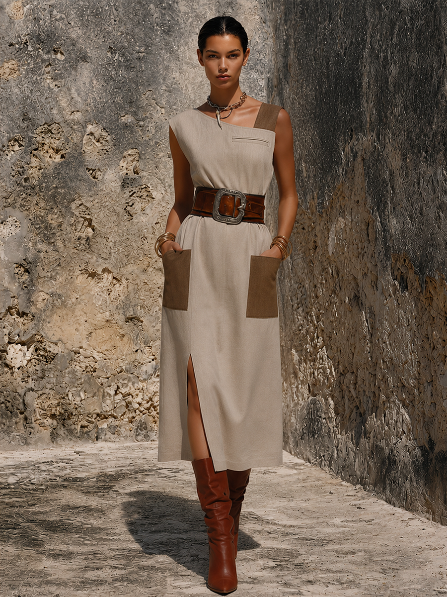 Women’s Western Vintage Style Beige Linen-Cotton Asymmetrical Neck Patch Pocket Slit Midi Dress MDZ0988F3GMJ