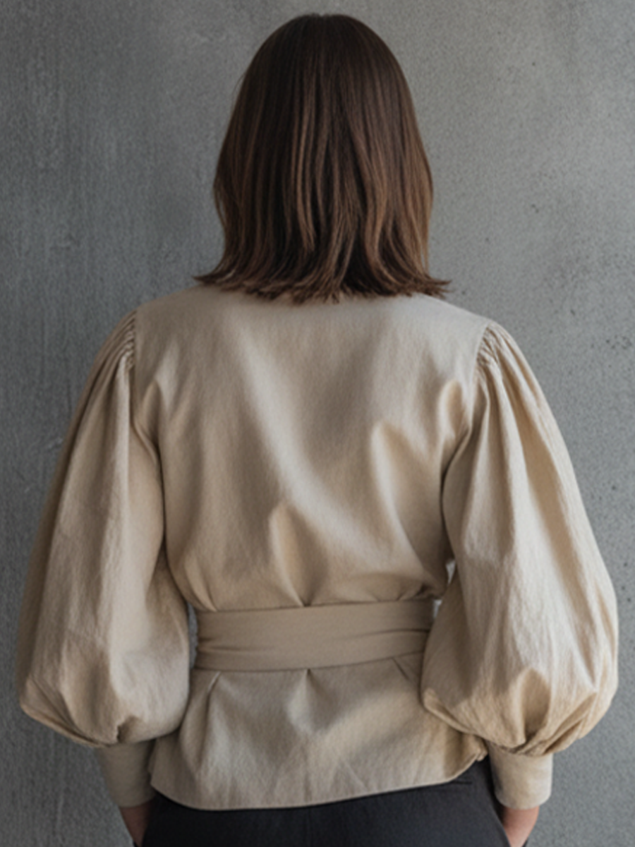 Women's French Retro Beige Cotton Blend V-Neck Puff Sleeve Belted Cropped Top MDZ0946F6GMJ