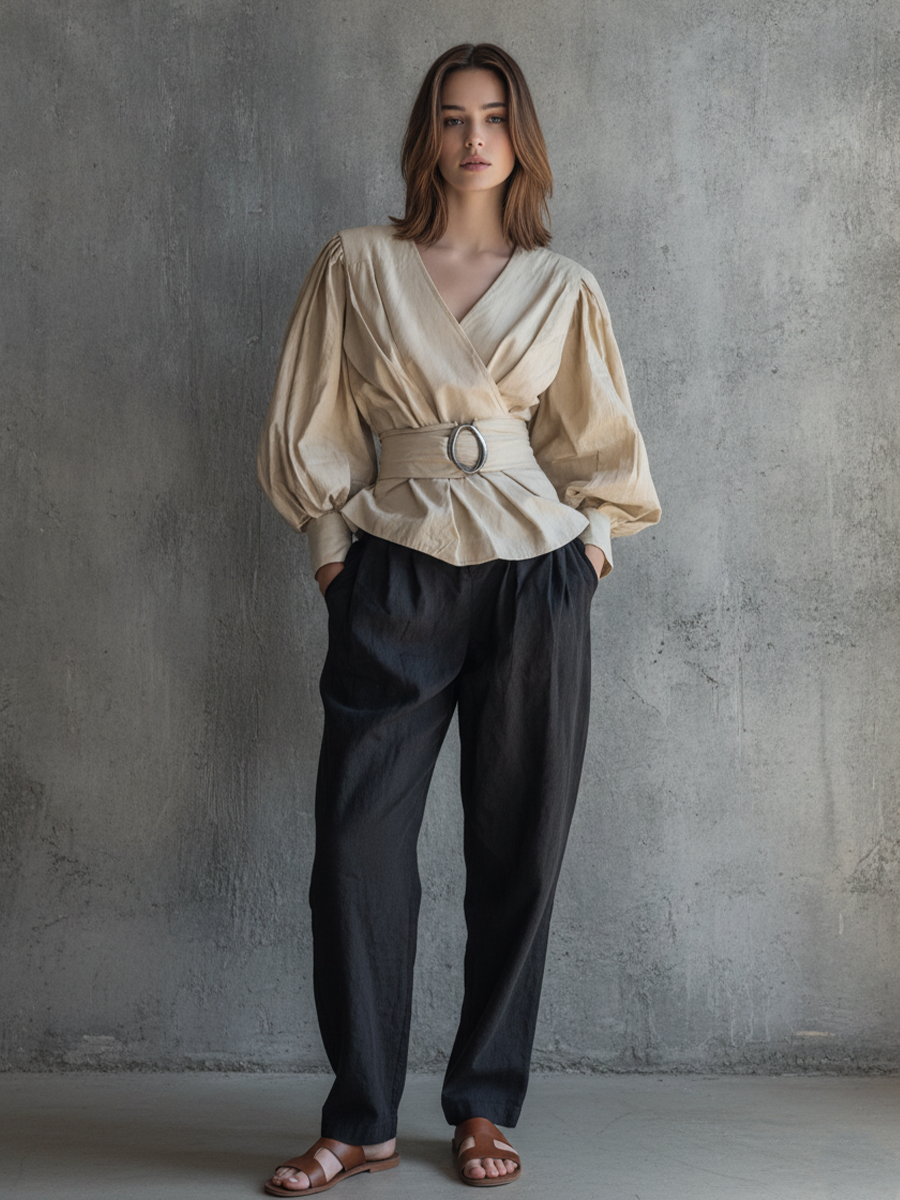 Women's French Retro Beige Cotton Blend V-Neck Puff Sleeve Belted Cropped Top MDZ0946F6GMJ