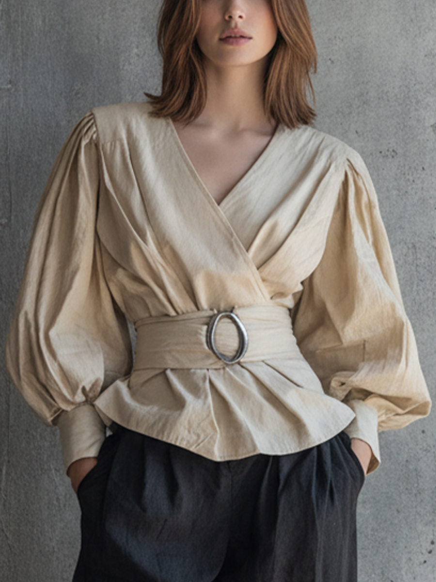 Women's French Retro Beige Cotton Blend V-Neck Puff Sleeve Belted Cropped Top MDZ0946F6GMJ
