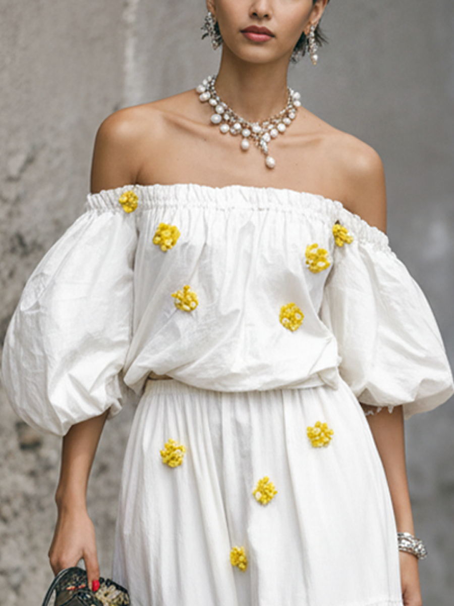 Women’s Resort Style White Cotton Blend Off-Shoulder Puff Sleeve 3D Floral Cake Dress Set MDZ0983F0GMJ