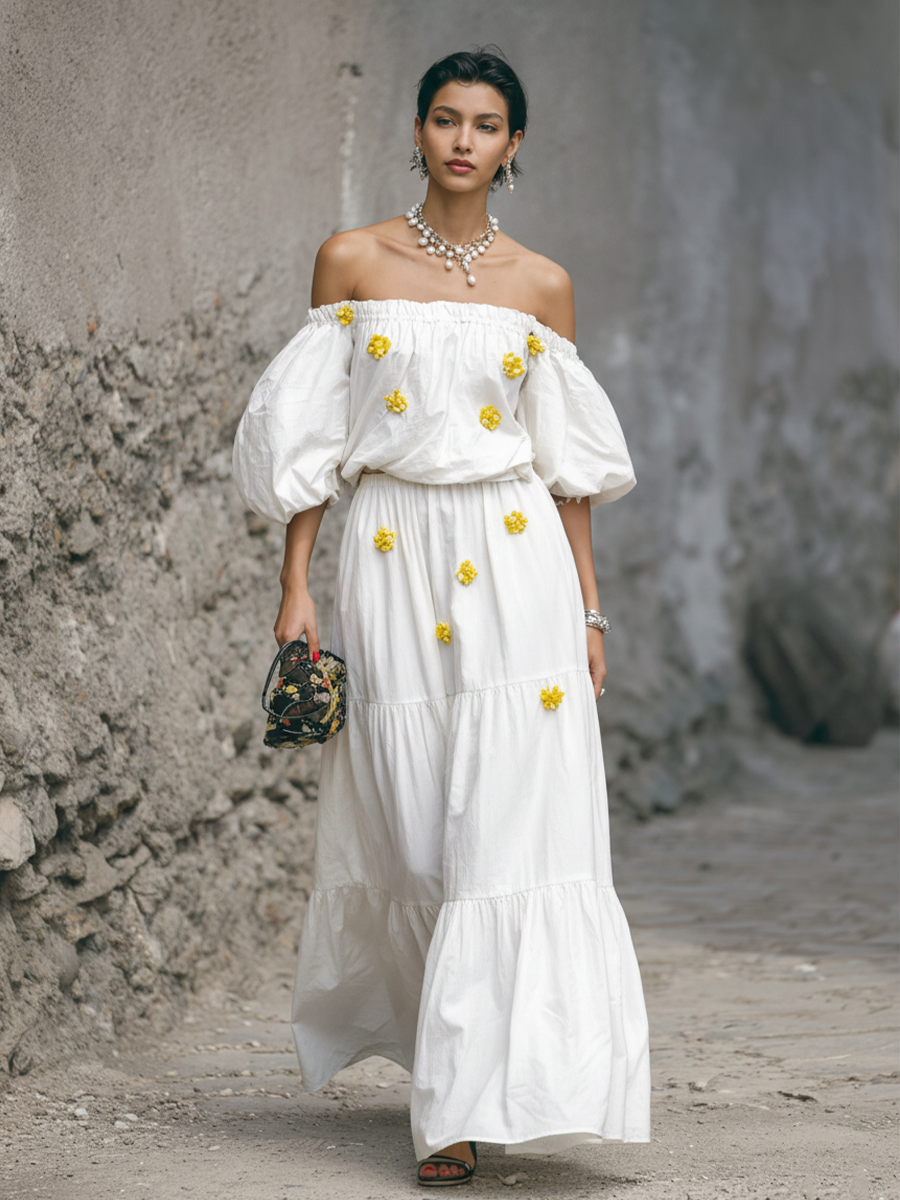 Women’s Resort Style White Cotton Blend Off-Shoulder Puff Sleeve 3D Floral Cake Dress Set MDZ0983F0GMJ
