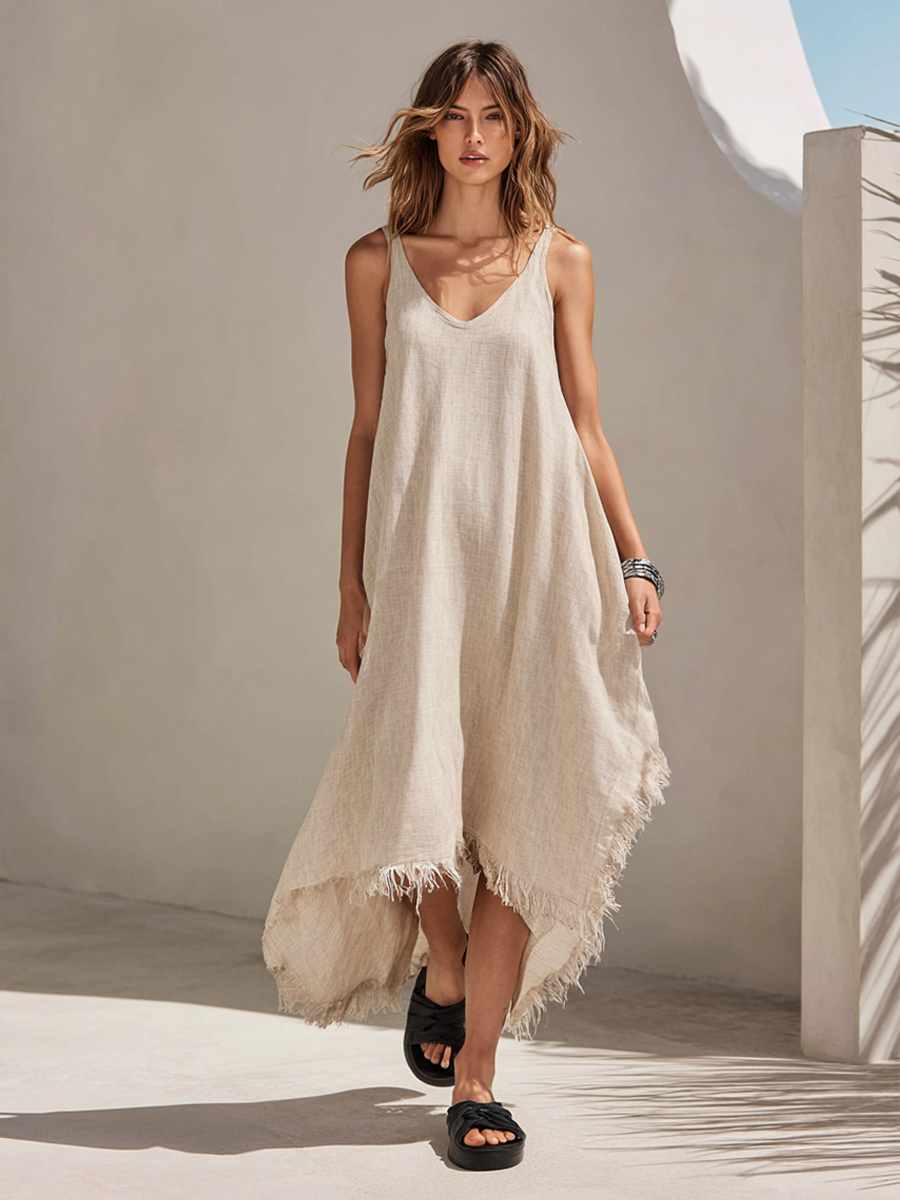 Women's Beige Linen-Blend V-Neck Maxi Dress With Frayed Asymmetric Hem MDZ1055F7ZRK